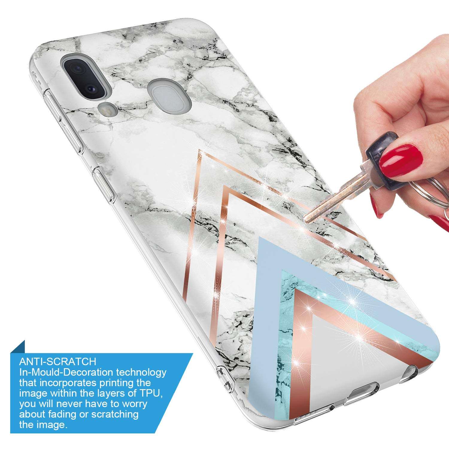 GORGCASE Case Design for Samsung Galaxy A20, Galaxy A30, Slim Anti-Scratch PC Armor TPU Bumper Shock-Proof Cute Sparkle Bling Girls Women Protective Cover Marble White Design 3