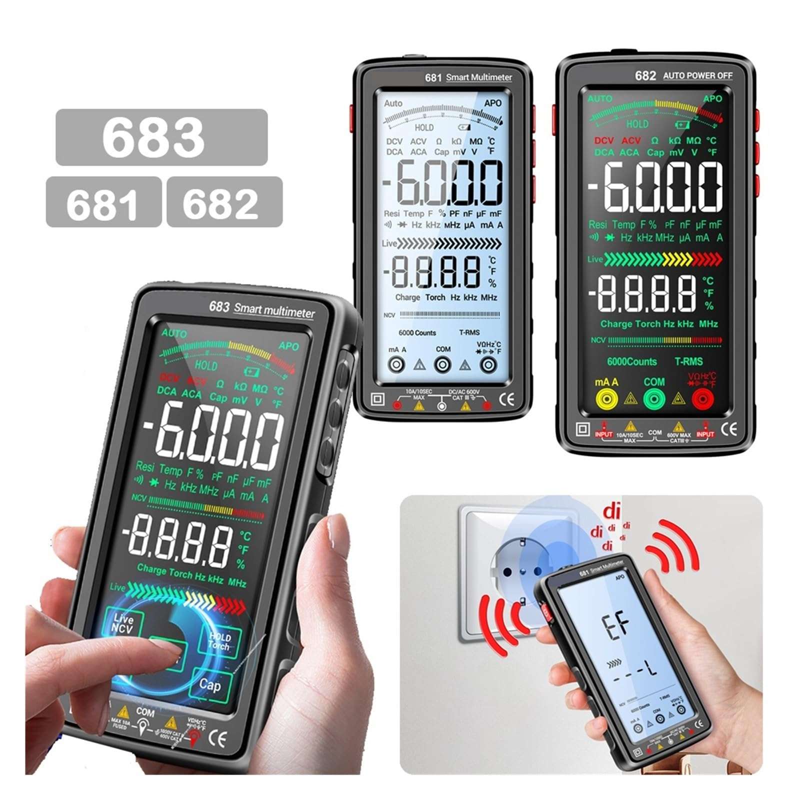 LIBODD Smart Digital Multimeter Rechargeable Capacitance Meter Ohm Diode Tester 6000 Counts AC/DC Measuring Tools(683 Red) 3