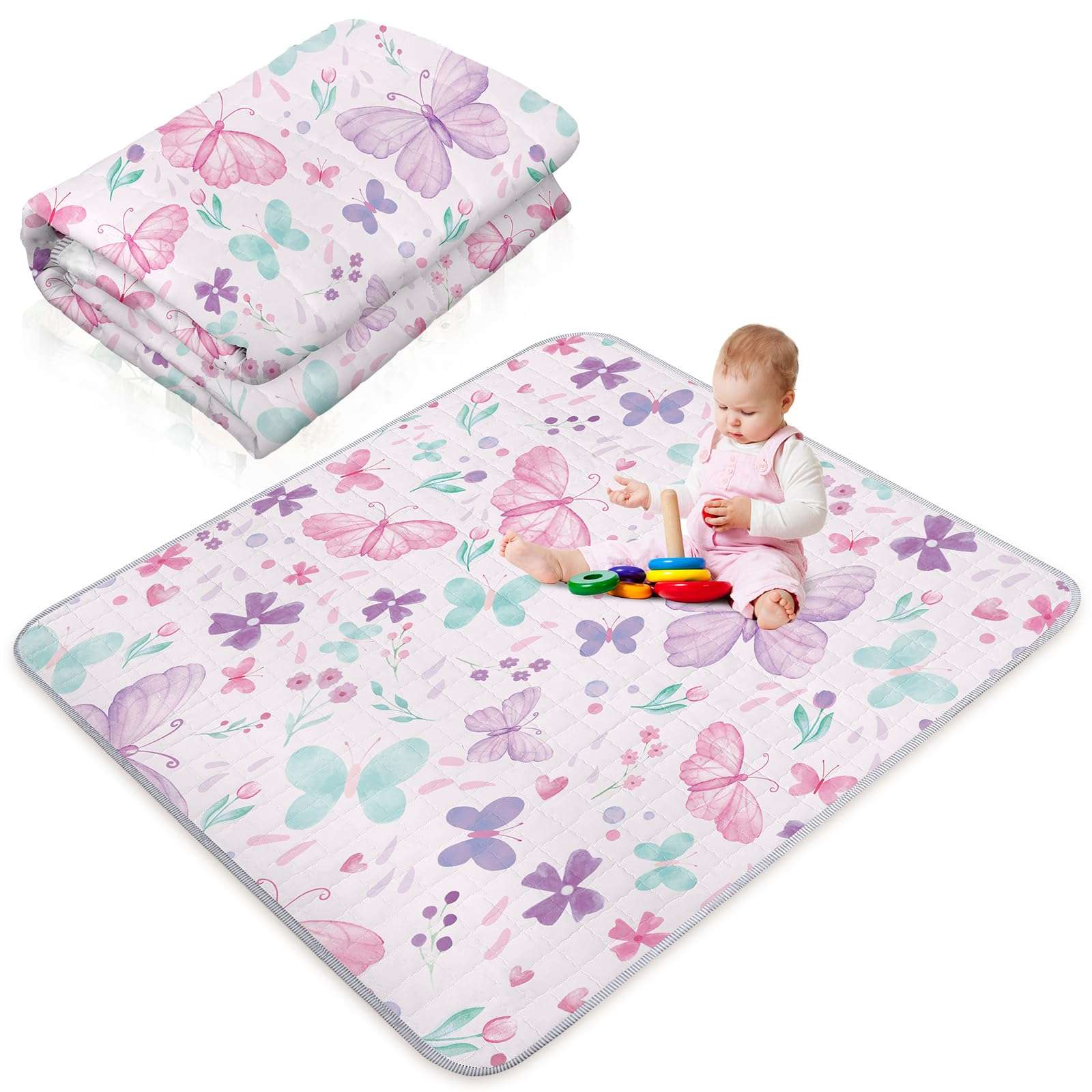 Funtery 43 x 43 Inch Boho Baby Play Mat Portable Crawling Washable Foldable Tummy Time Non Slip Baby Floor Large Playpen Mat for Infants Toddlers Floor Playpen Activity(Butterfly) 1