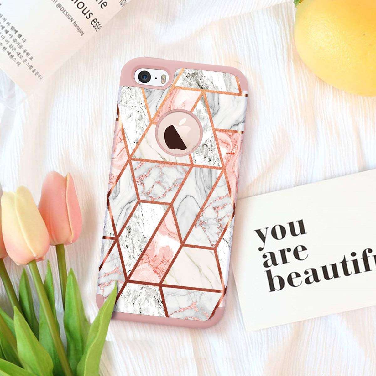 Fingic iPhone 5s Case, iPhone 5 Case, iPhone SE Case Rose Gold Marble Design Glitter Bumper Hybrid Hard PC Soft Rubber Silicone Anti-Scratch Shockproof Protective Case Cover for Apple iPhone SE/5S/5 4