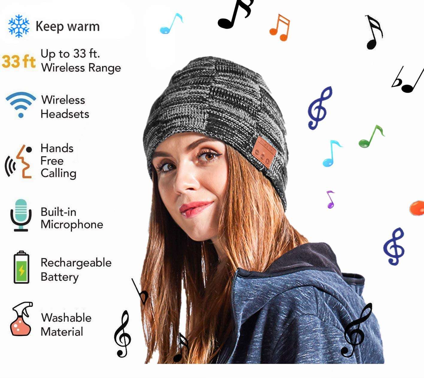 Bluetooth Beanie Hat for Men Women, Upgraded 5.0 Music Knit Cap Rechargeable Headset Hand-Free Phone with Hi-Fi Stereo Speakers Teen Kids Boys Girls Sports Running Skiing Gray 3