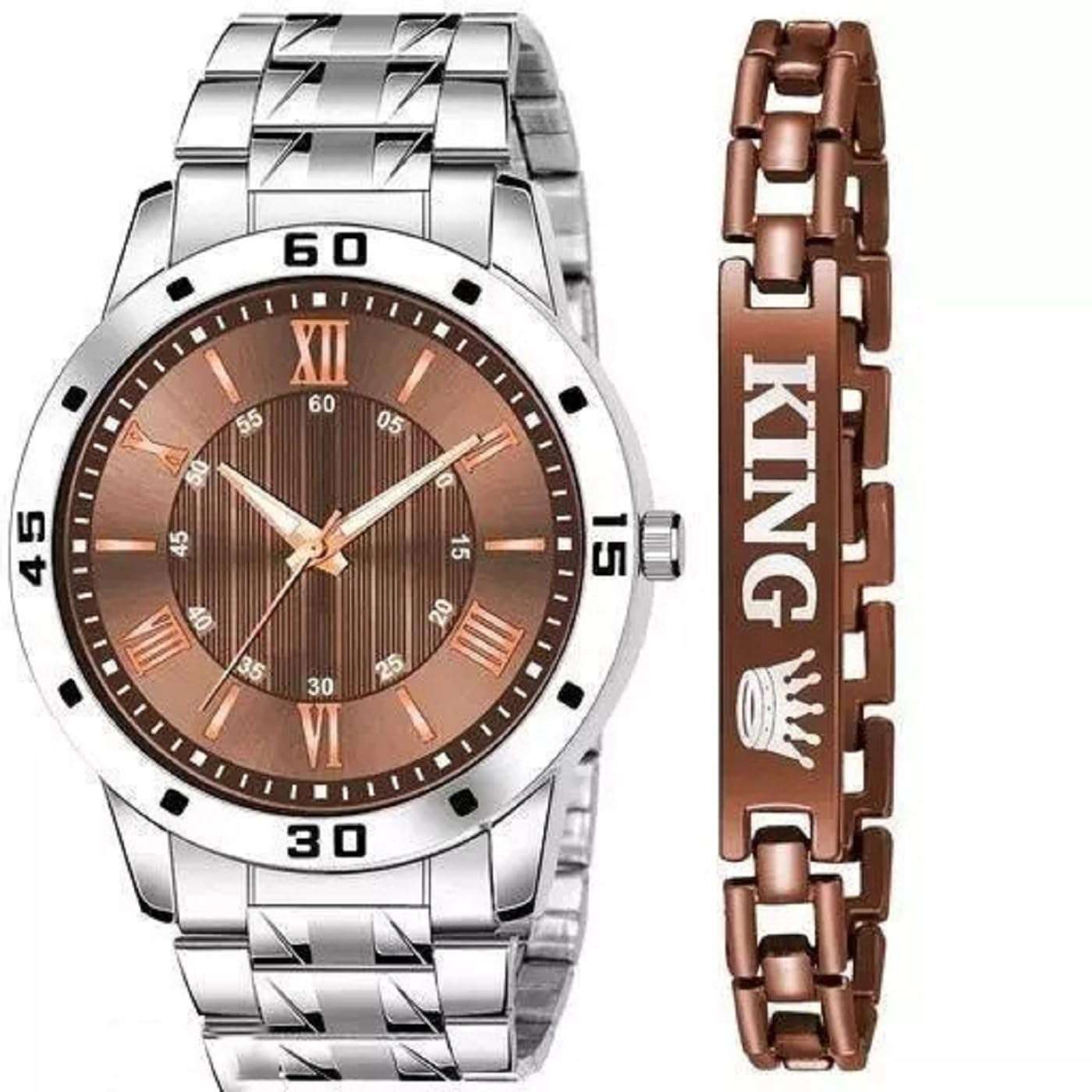 Red Robin Alluring Analogue Solid Dial Stainless Steel Strap Graceful Stylish Wrist Watch with King Braclete for Men and Boys, Pack of 2-1016-BLK-D-AVO-SIL-STL-KING-BLK-BRCLT (Brown)