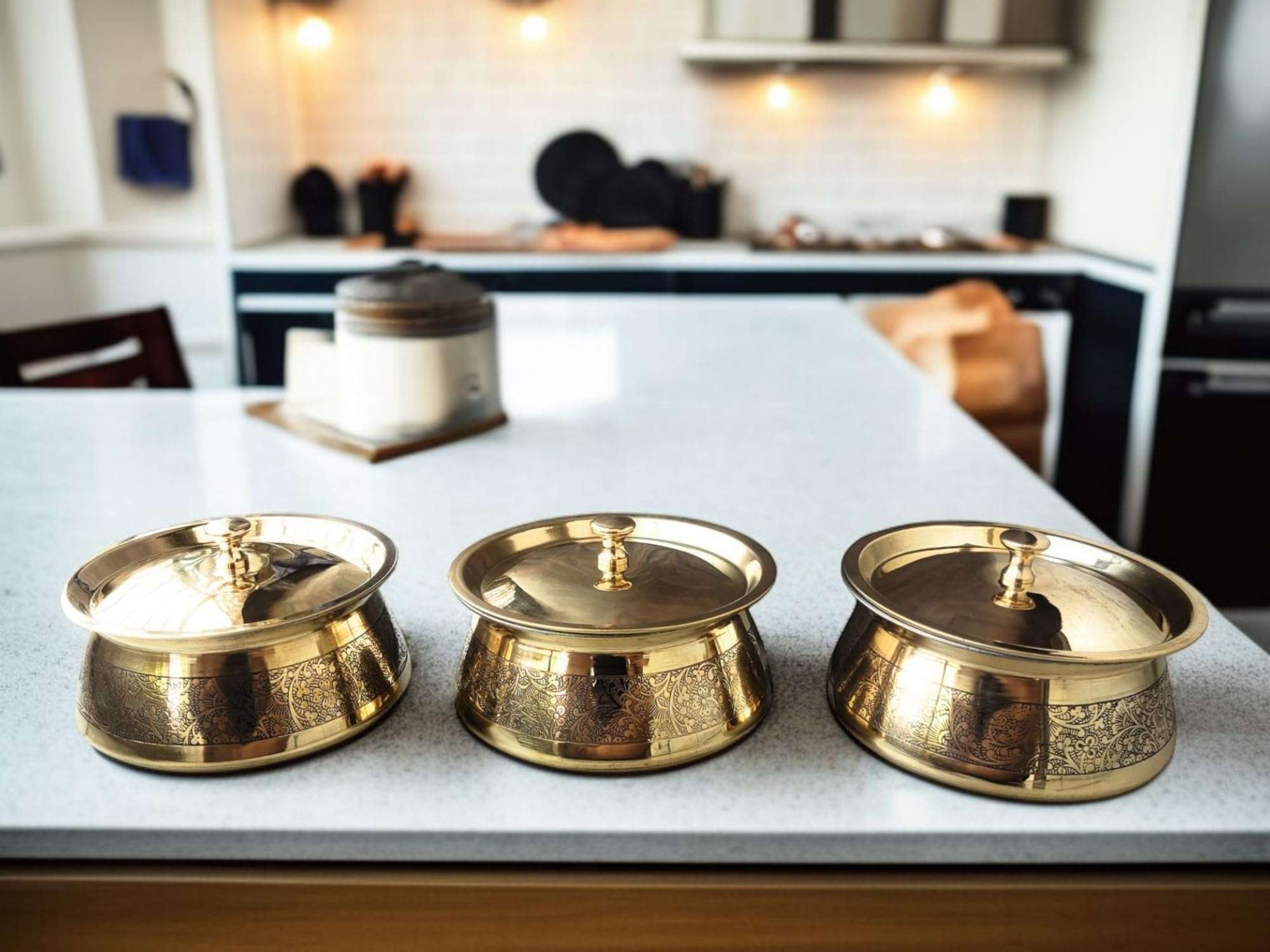 Blissful Decor Brass Kitchen Cooking Serving Pot |Biryani Handi|Embossed Design Casserole With Lid For Decoration Tableware, Home, Hotel, Restaurant Donga, (680 GMS each Capacity 1000 Ml) set of -3 1