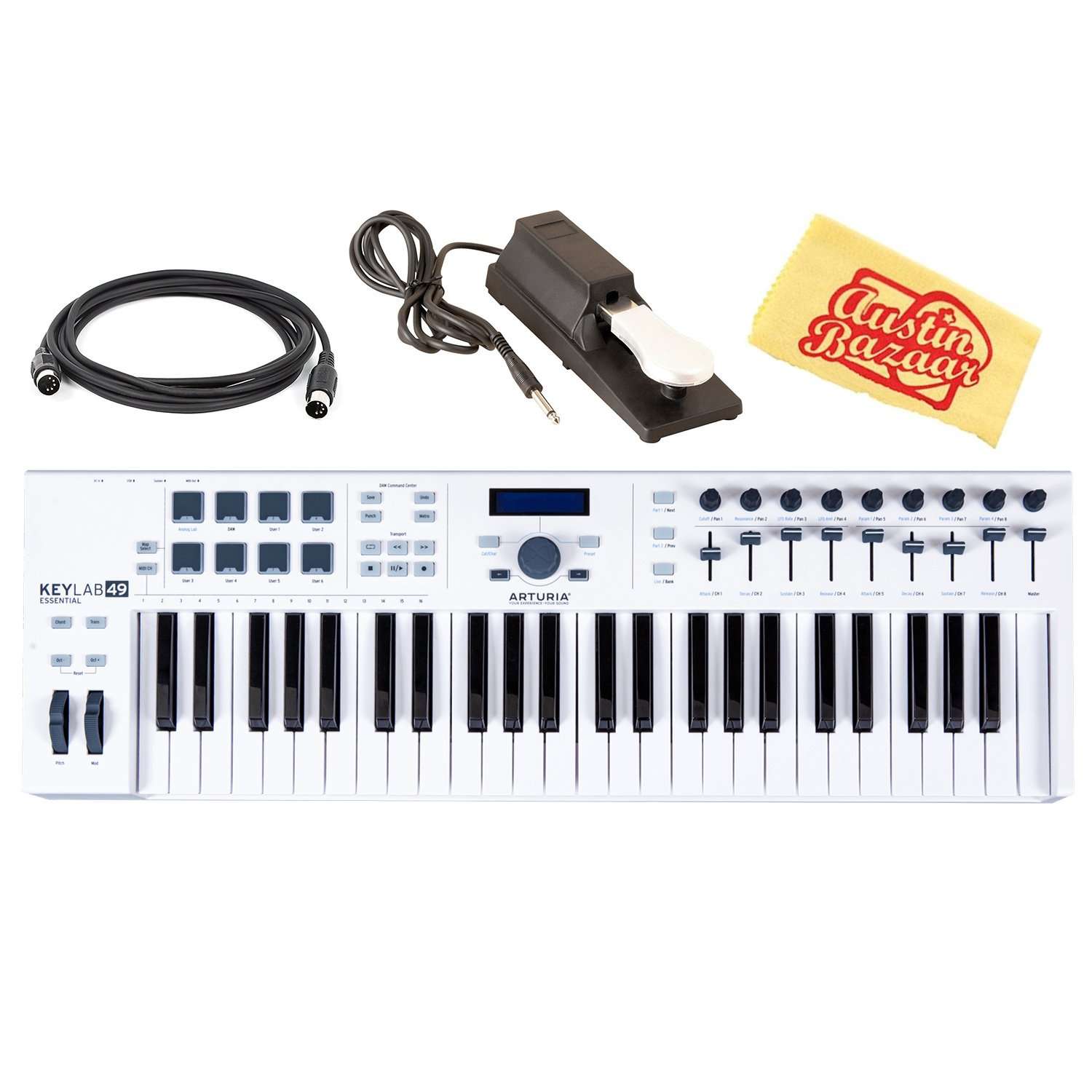 Arturia KeyLab Essential 49 Bundle with Sustain Pedal, MIDI Cable, and Austin Bazaar Polishing Cloth
