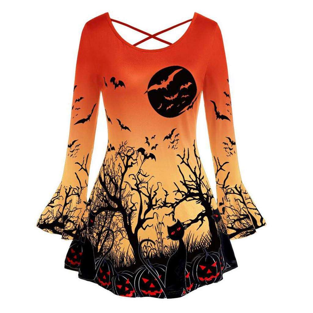 FEDULK Womens Halloween Tunic Tops O-Neck Flare Sleeve Pumpkin Cat Print Holiday Costume T Shirt Blouse(Orange, XXXXX-Large) 1