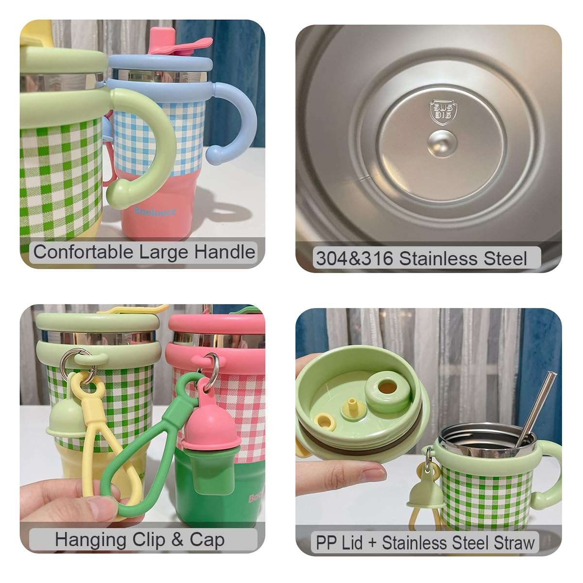 Spooky Stainless Steel Tumbler with Straw – 600ML Capacity, Insulated for 6-12 Hours – Portable, Vacuum-Sealed with Handle & Carrying Rope, Perfect for Travel, Office & Gifts - Pink&Green Contrast 5