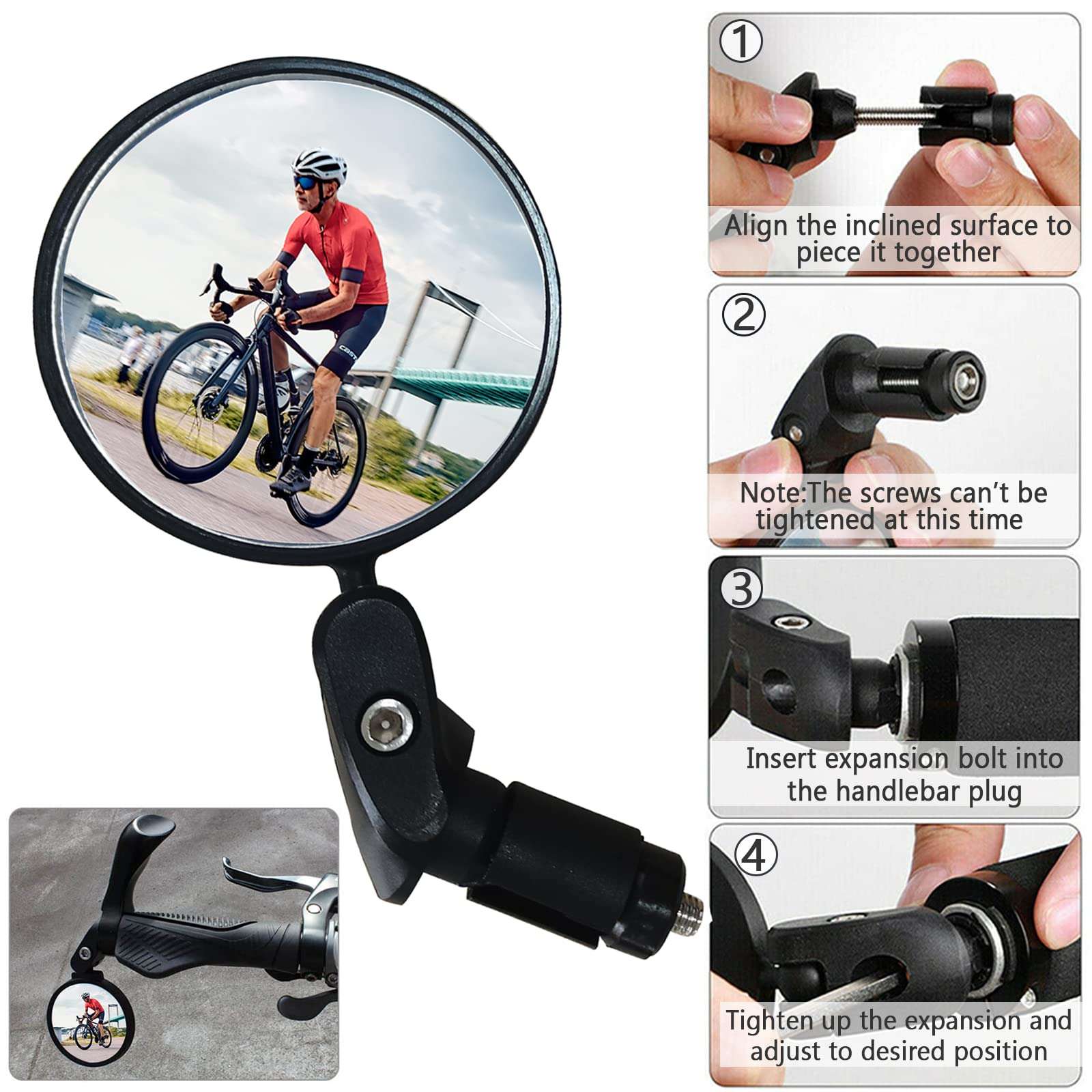 Bike Mirror, Bike Bar End Mirror,Safe Cycling Rearview Mirror,360° Rotation Adjustable Handlebar HD Glass Bicycle Rearview Mirror Universal for Bike Bicycle Electric Bike Motorcycle(Black-2PCS) 6