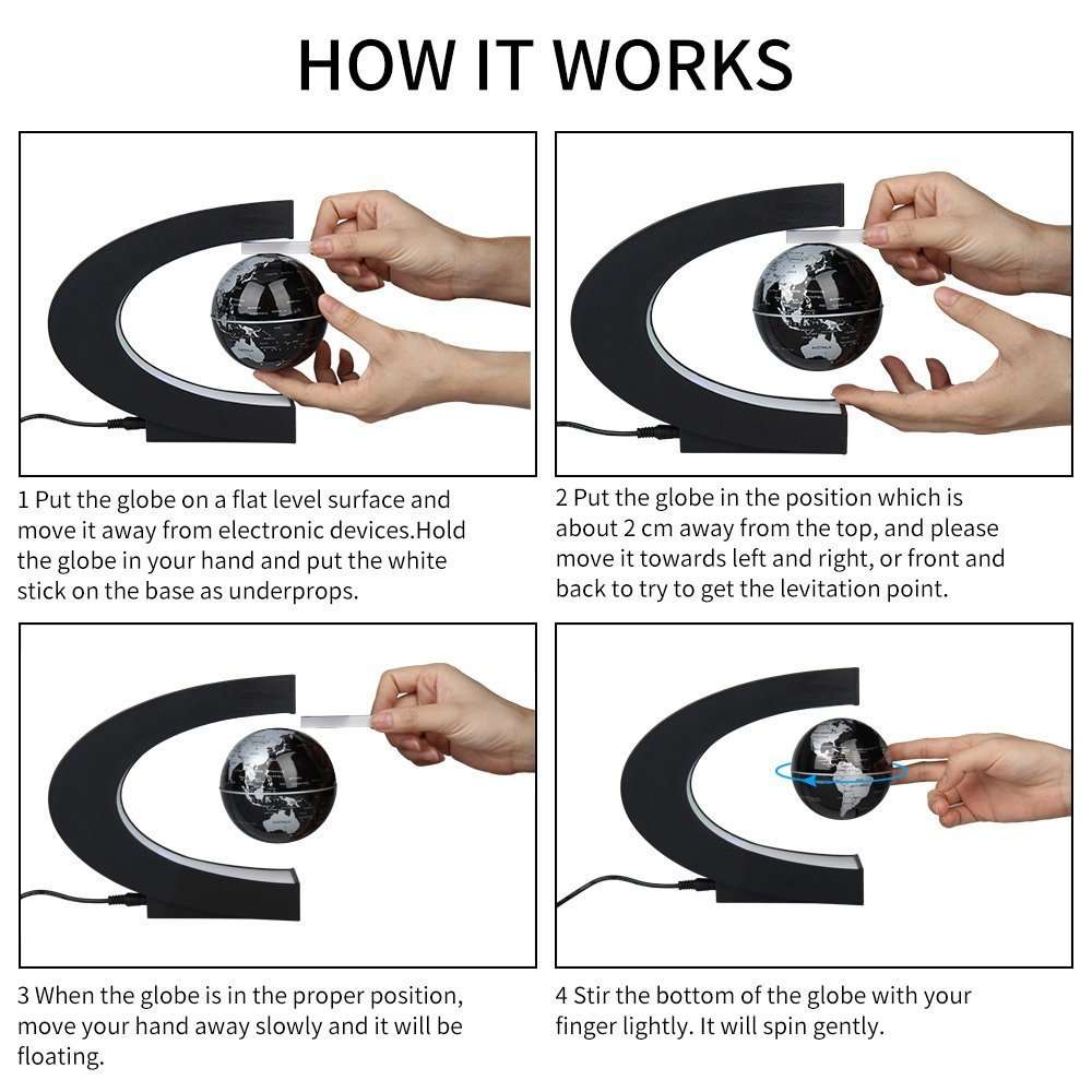 Floating Globe, Arvin Magnetic Levitation Globe Rotating Globe Educational Learning Geographic Political World Map with Funny C Shape Desktop Stand and LED Light for Home School Desk Office Décor Gold 4