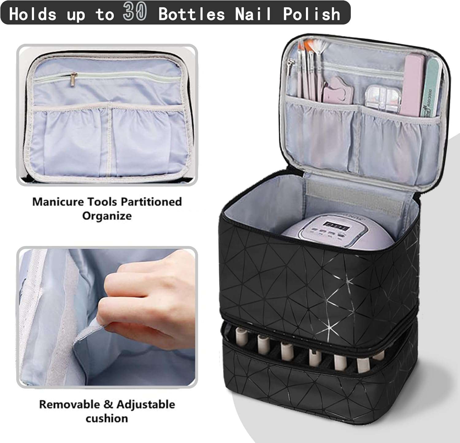 Fennec Mart Travel Nail Polish Organizer Bag Large Capacity Double Layer Makeup Case for 30 Bottles Nail Art Tool Storage with Handle, Customizable Compartments Multi Pouches for Travel (Black) 5