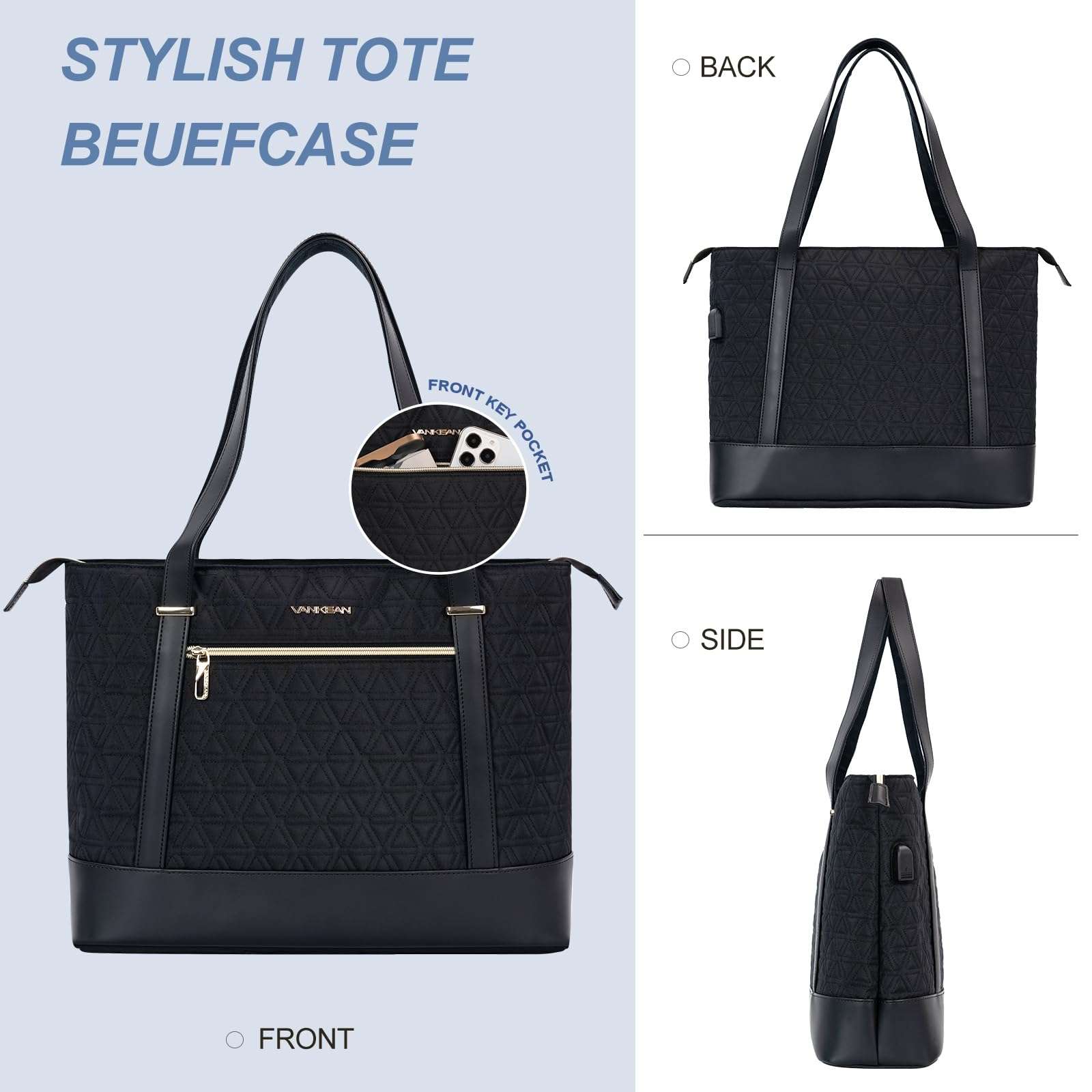 VANKEAN Laptop Bag for Women, 15.6 Inch Work Bag Waterproof Computer Shoulder Bag with USB Port, Large Tote Bag for Work Business Travel, Quilted Black 5