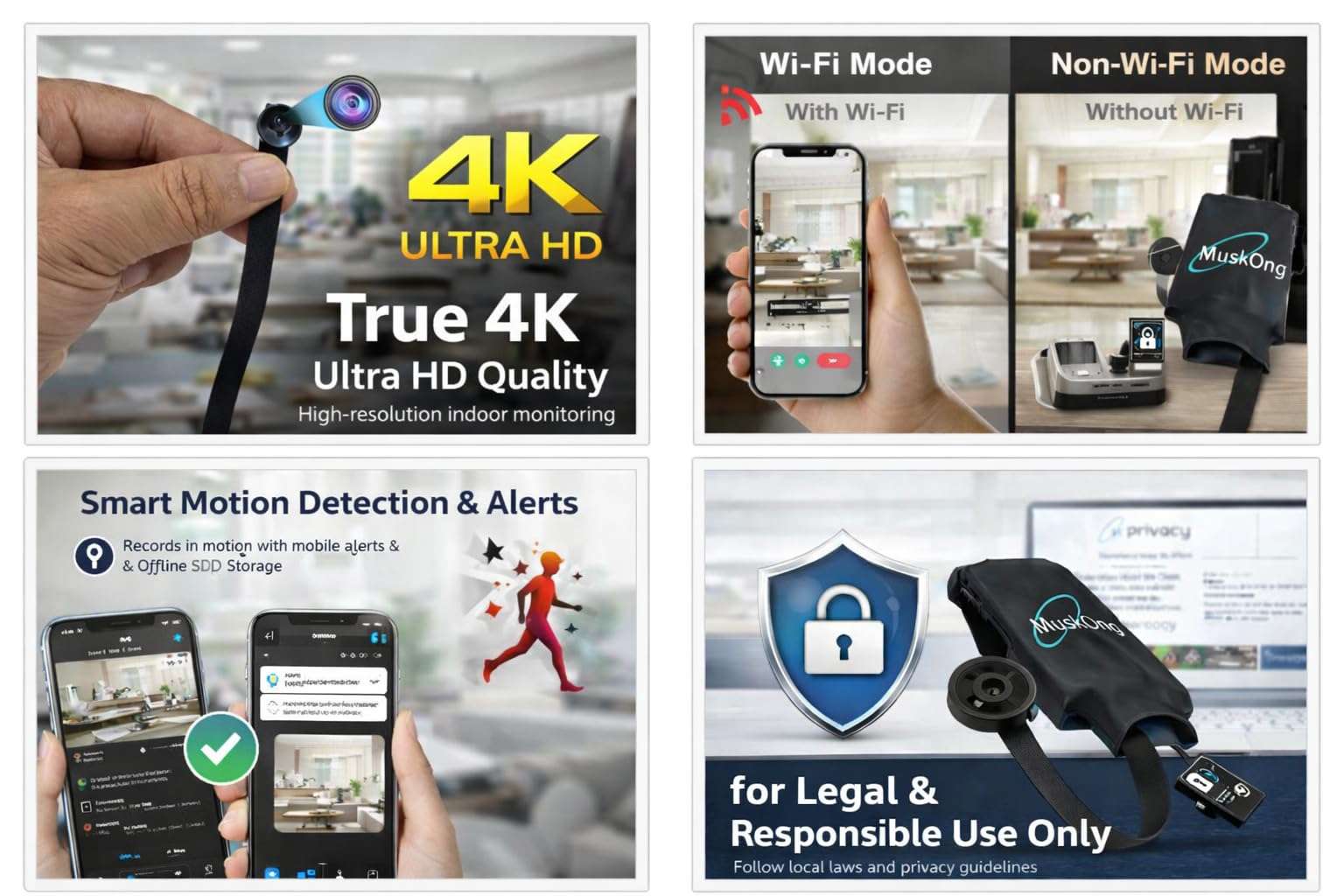 MuskOng 4K Mini WiFi Security Camera | Button Style Indoor Camera | Works with & Without WiFi | Motion Detection | SD Card Support up to 128GB | Mobile App View 4