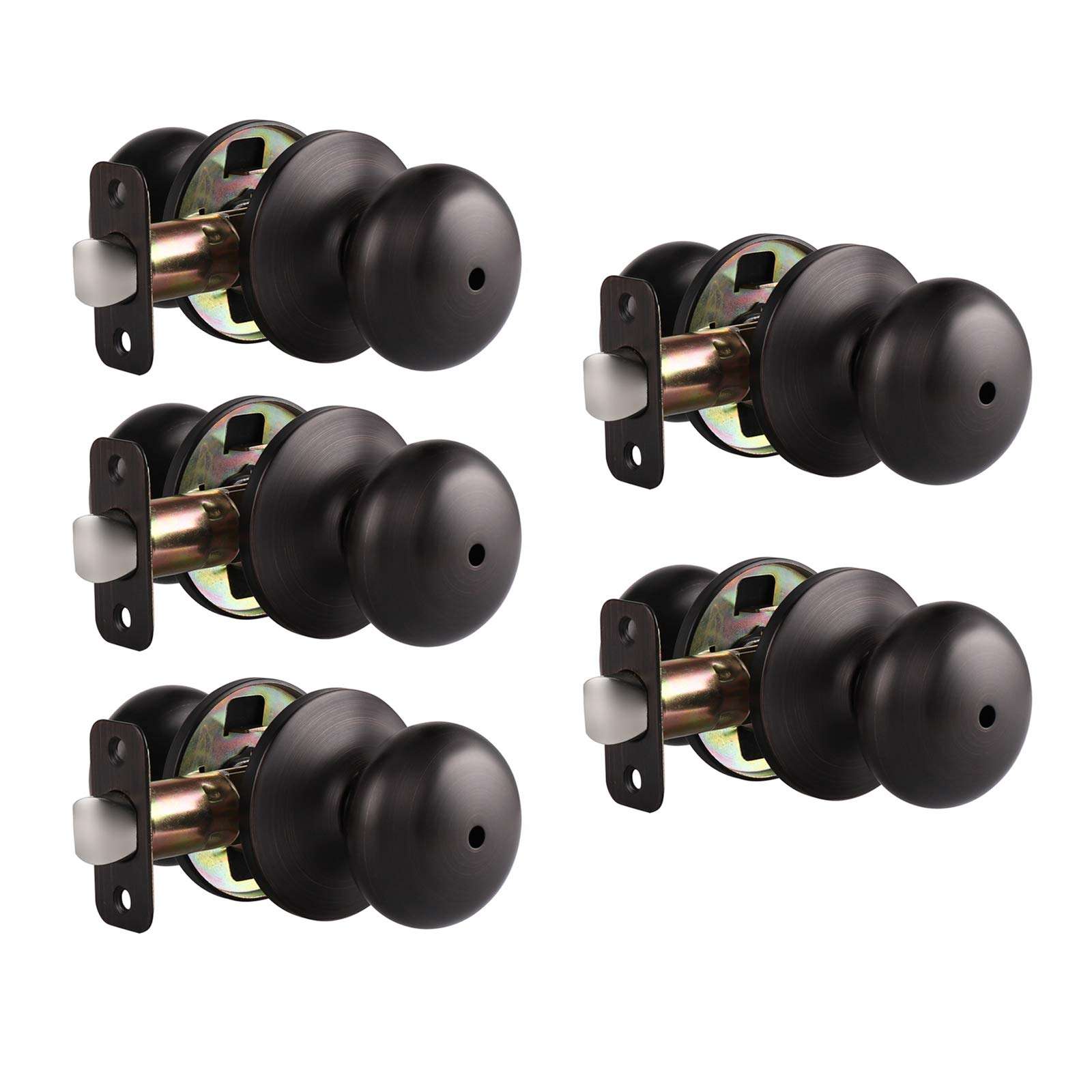 Probrico Keyless Privacy Door Knobs with Lock,Interior Door Locks for Bedroom Bathroom,Ball Shape Door Lockset in Oil Rubbed Bronze Finish,5 Pack 1