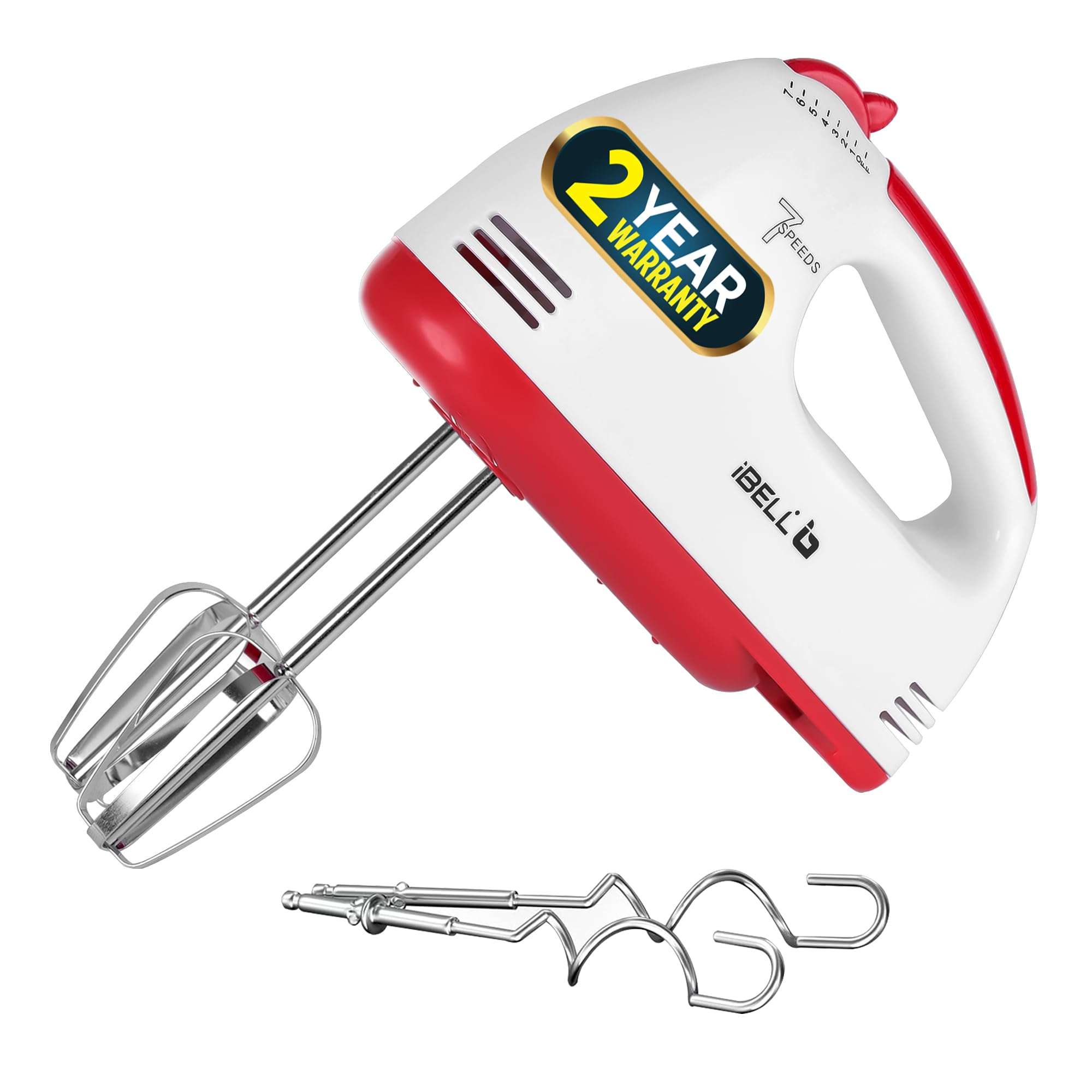 iBELL WHISK280 Hand Mixer, 280W, 7 Speed Control Plus Turbo, Beater/Blender/Electric Cream Maker for Cakes, stainless, Dough Hooks (White) 1