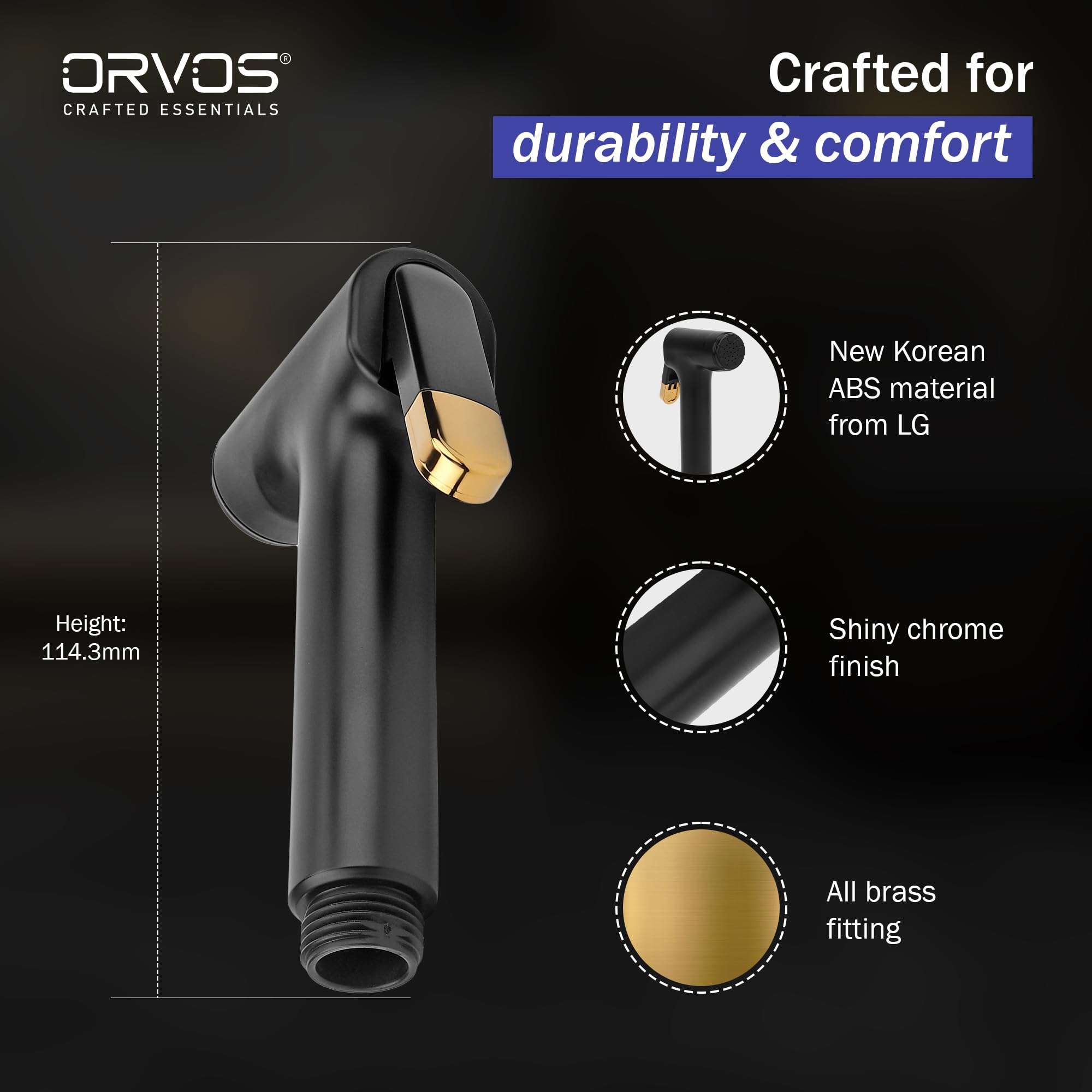 Orvos Health Faucet, Golden Black, ABS Outer Body with brass insert, with 1.25 meter flexible stainless steel shower hose and wall hook, Jet Spray for high end luxury toilets 5