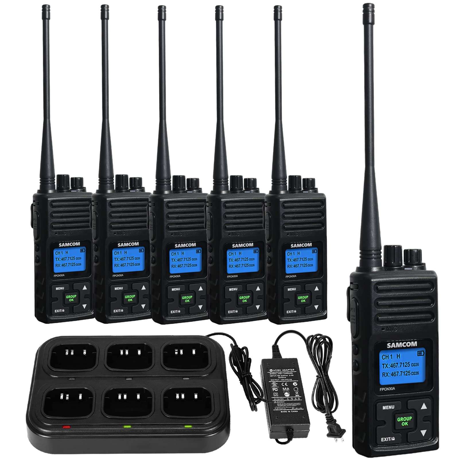 SAMCOM 5wTwo Way Radio,Professional/Business Walkie Talkies - Rechargeable, 1500mAh Programmable Walkie Talkie for Adults Heavy Duty with 6 Way Multi-Unit Charger Gang (Radios 6 pcs + Charger Dock)