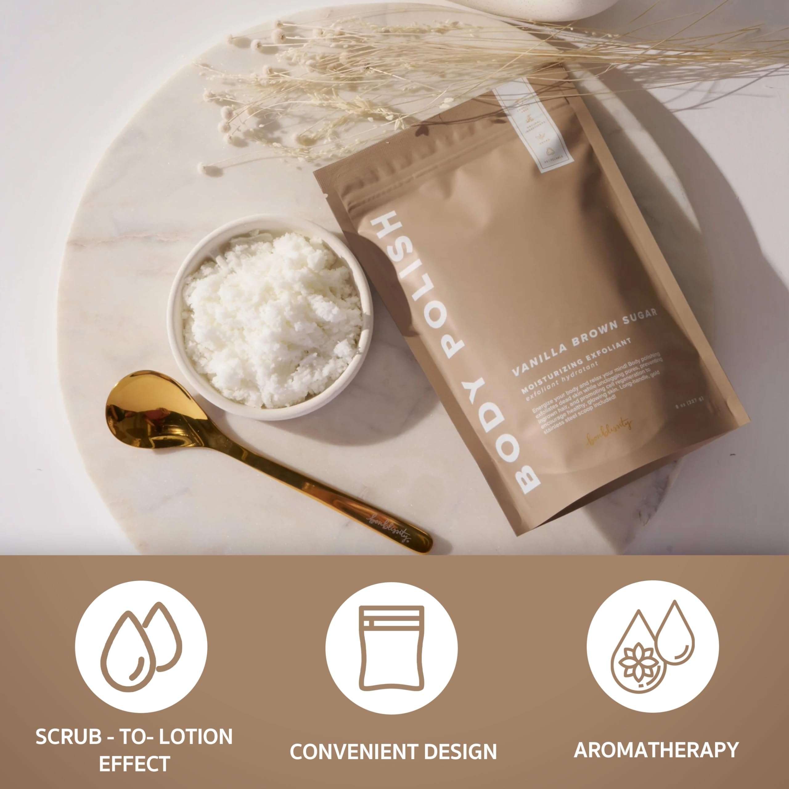 Bonblissity Body Polish, 8oz. - Mango Sorbet Scented Body Scrub Exfoliator for Women, Exfoliating Sugar Scrub To Lotion Moisturizer, Gentle Exfoliant for Dry and Sensitive Skin, Handmade in USA 3