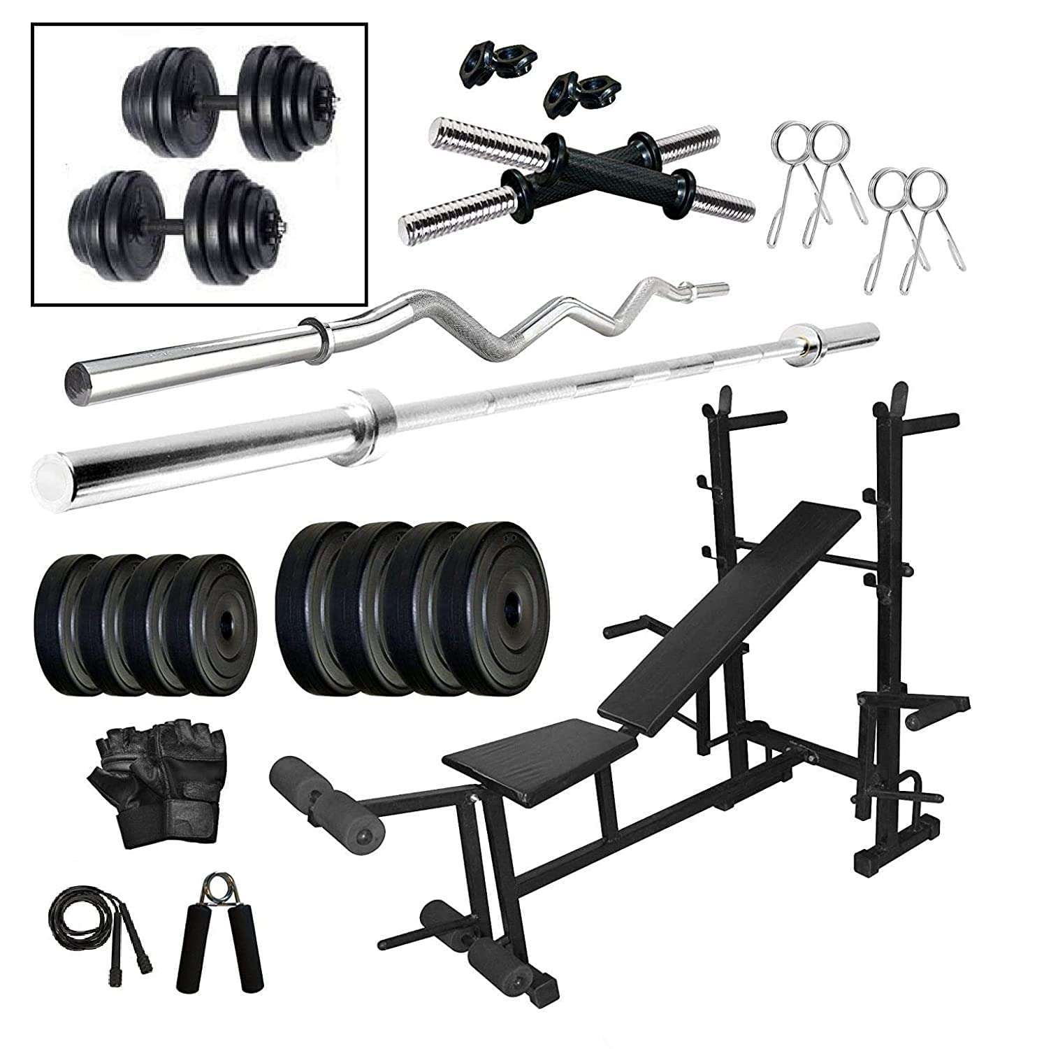 BEACON INTERNATIONAL Home Gym Set, Home Gym Equipment Combo,3 Ft Curl + 5 Ft Plain Rod and 1 Pair Dumbbell Rods, 8 in 1 Gym Bench, Fitness Bench for Men, Gym Accessories (10 KG Gym Set) 1