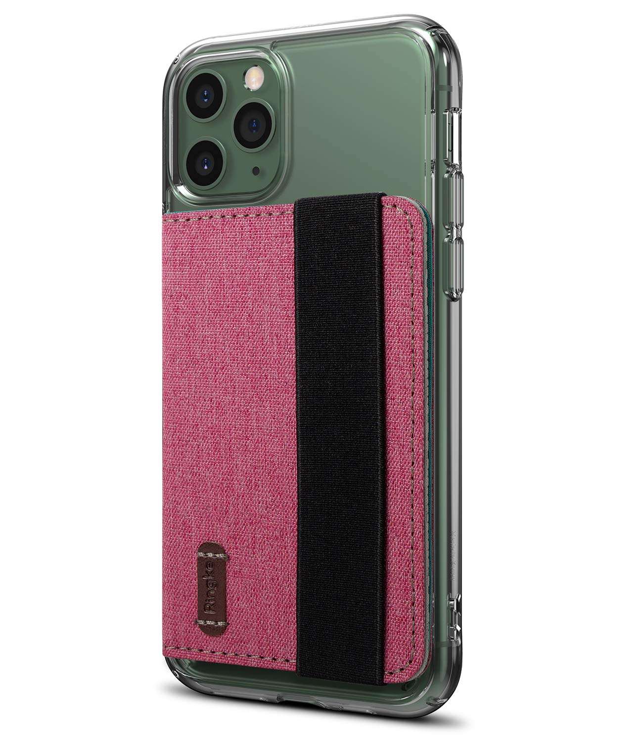 Ringke Flip Card Holder Faux Saffiano Leather with Elastic Hand Strap Multi-Card Slot Wallet Credit Card Cash Holder Attachment Compatible with Most Smartphones, Android and More - Chic Black 1