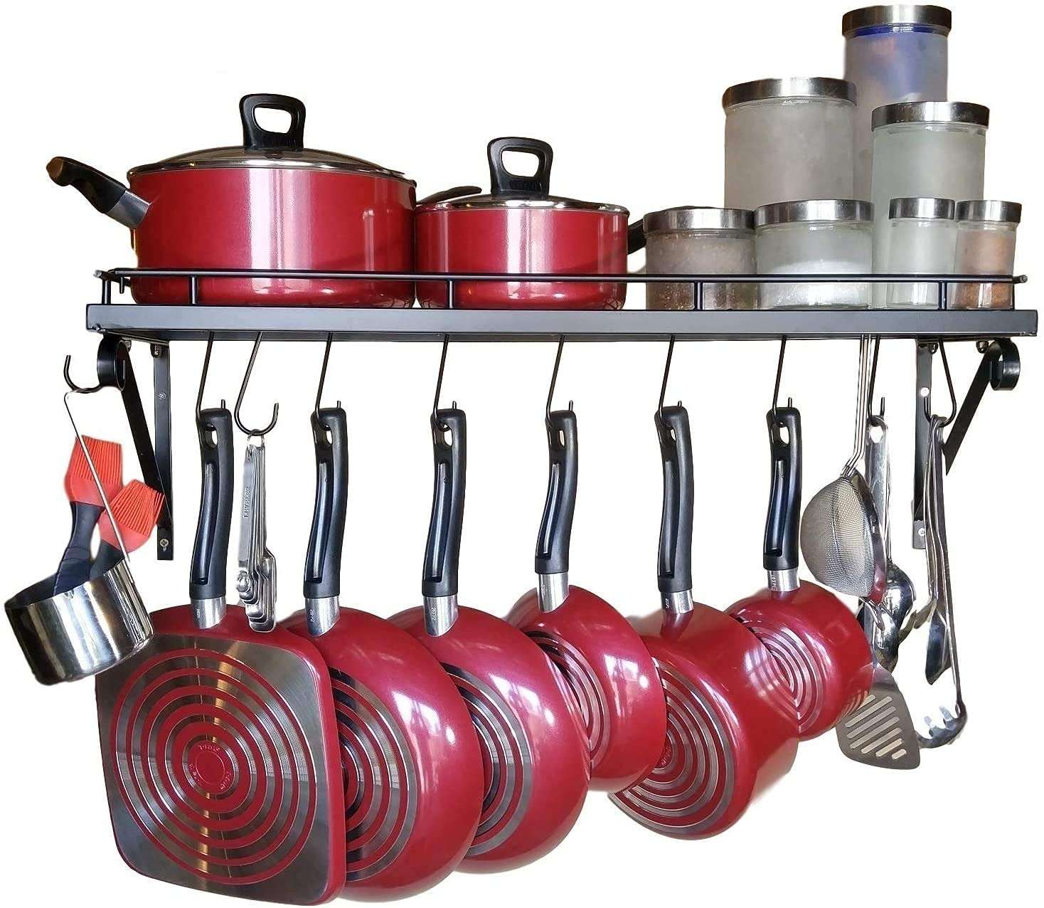 MFS Craft World Wall Mounted Kitchen Wall Metal Matte Finish Shelf With Wire Mesh For Hanging Cookware To Save Space Wall Shelves With 10 Hooks, Black, Pack Of 1 1