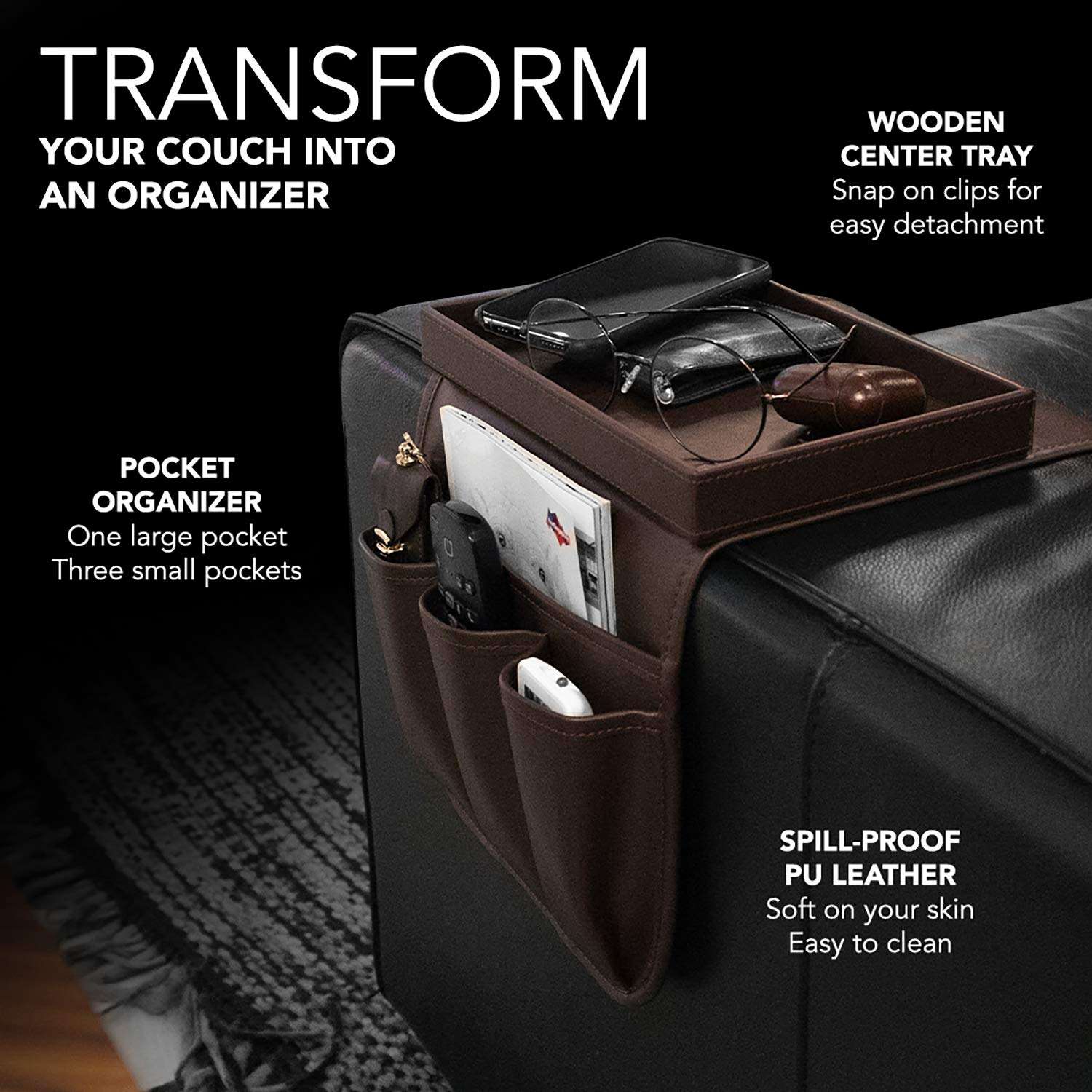 U NEATOPA Couch Remote Caddy Control Holder Sofa Organizer with Detachable Wooden Snack Tray for Recliner Mattresses Chair Armrests with 4 Slots - 1 Large Pockets and 3 Small Pockets (Brown) 5