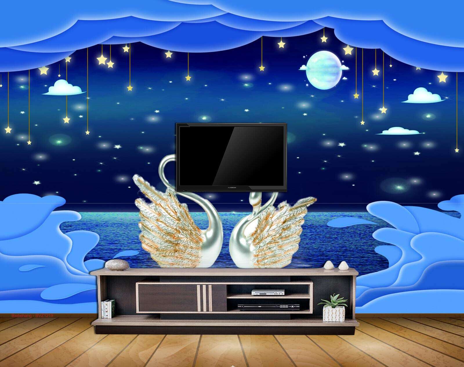 Beibehang Exclusive BVZ1219 Modern Style Swan Moon Starry Sky Tv Sofa Background HD 3D Wallpaper(365 cm x 243 cm) 2