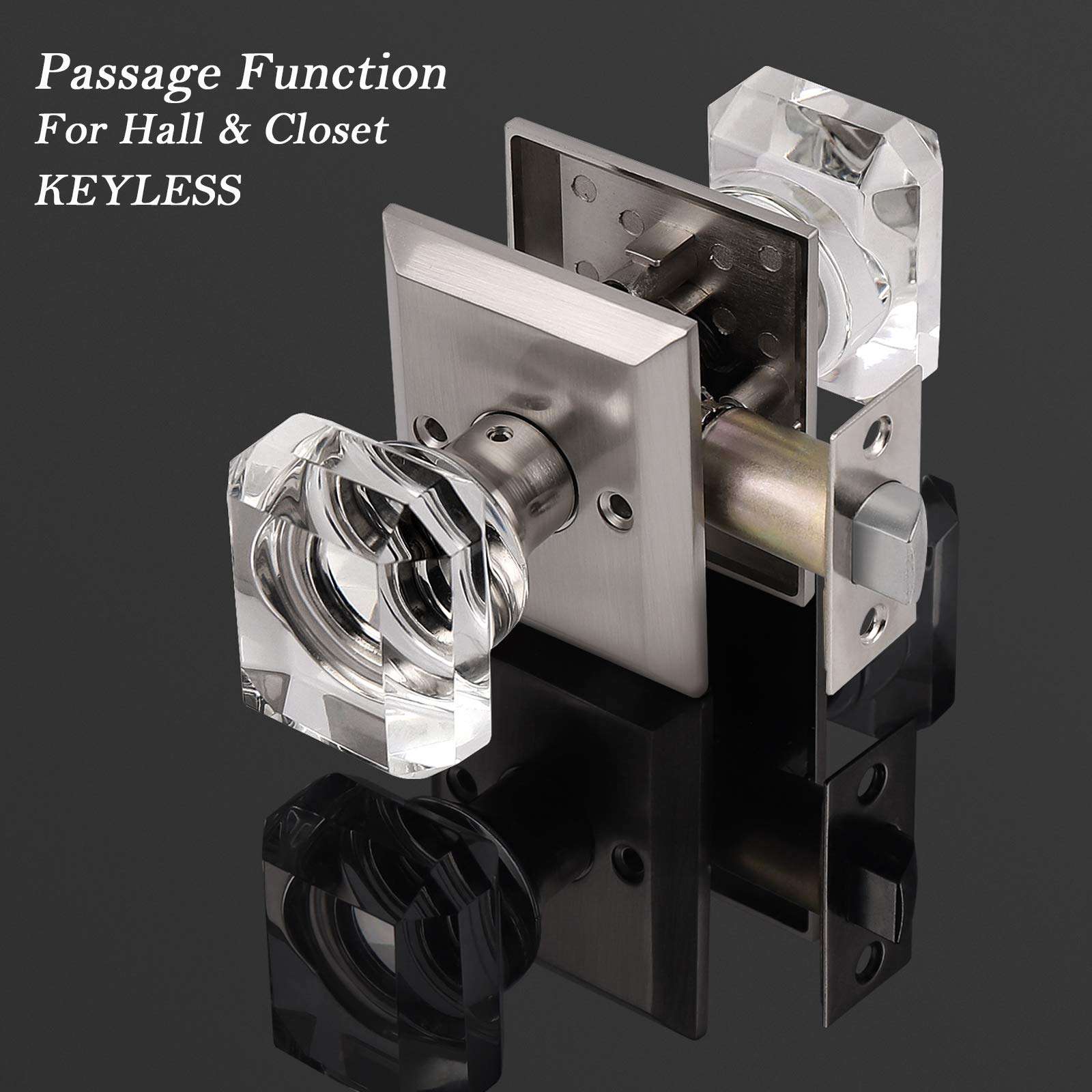 3 Pack Crystal Glass Door Knob Set, Passage Door Knobs for Hall and Closet, Keyless Square Crystal Door Knobs with Satin Nickel Finish, Interior Door Knobs Non-Locking Set, Passage Function 2