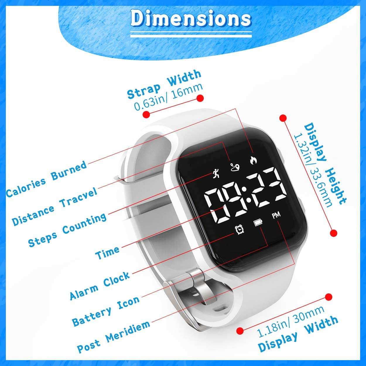 Konewos Kids Led Fitness Tracker Watch, Non-Bluetooth Digital Pedometer Wristwatch, Waterproof, 12/24 H, Stopwatch, Calendar, for Children Girls Boys Teens (White) 6
