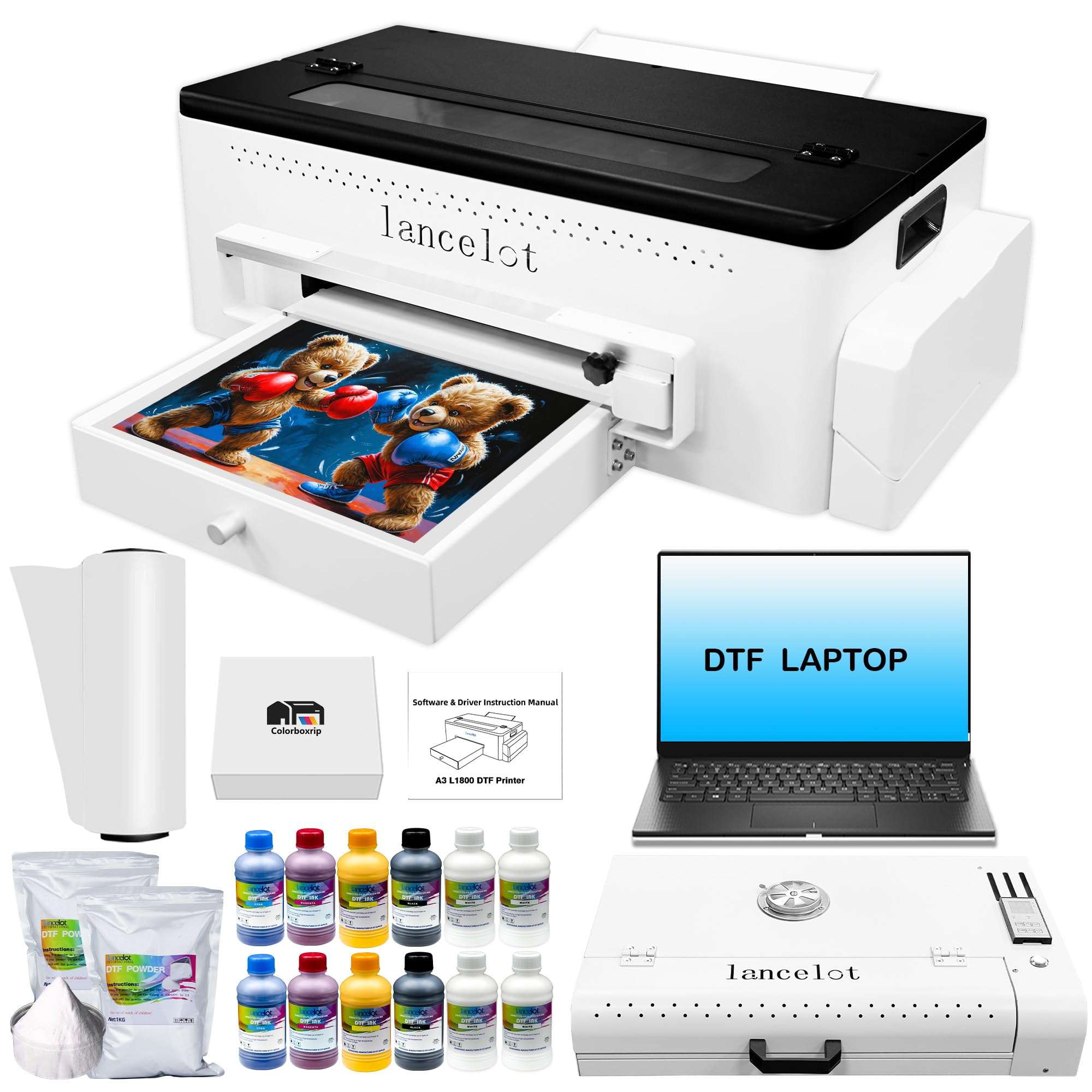 Lancelot A3 l1800 DTF Transfer Printing Machine with Roll Feeder, White Ink Circulation and Easy Operation,DTF Printer Bundle for Dark and Light Clothing (Printer+Oven+Laptop+consumable) 1
