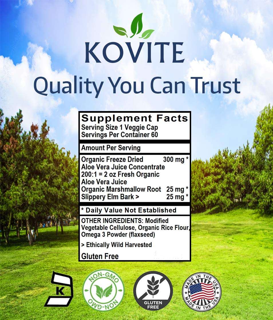 Kovite Aloe Vera Plus - 60 Veggie Caps - Kosher 200:1 Extract. Kosher Organic Dried Aloe Vera Gel, Marshmallow Root, Slippery Elm 6