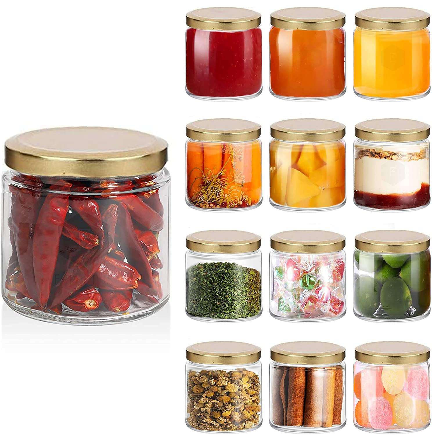 EVOQIS 200 ML Round Glass Jar for kitchen food storage with Gold Lid Transparent Cube Jar Containers for Cookie Biscuit Pack of 6 6