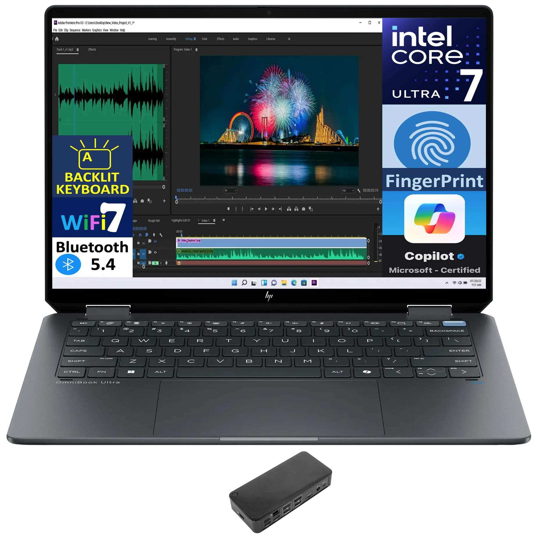 HP OmniBook Ultra Flip 2-in-1 Laptop 14.0" Touchscreen 2.8K Display (Intel Ultra 7-256V, 16GB LPDDR5, 2TB PCIe SSD, Backlit KB, Fingerprint, 2 Thunderbolt 4, WiFi 7, Webcam, Win 11 Pro) w/USB-C Dock 1