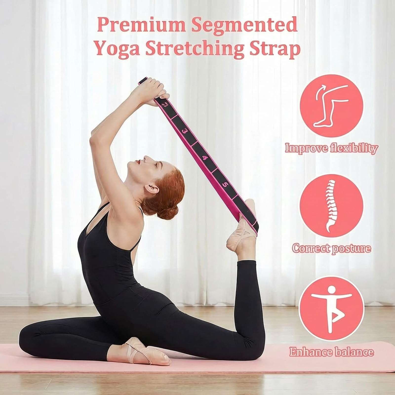 3 Pack Yoga Stretch Strap with Loops, Numbered Resistance Bands for Flexibility, 8-Section Elastic Exercise Bands for Pilates, Dance, Gymnastics & Warm Up (Blue, Purple, Rose Red) 3