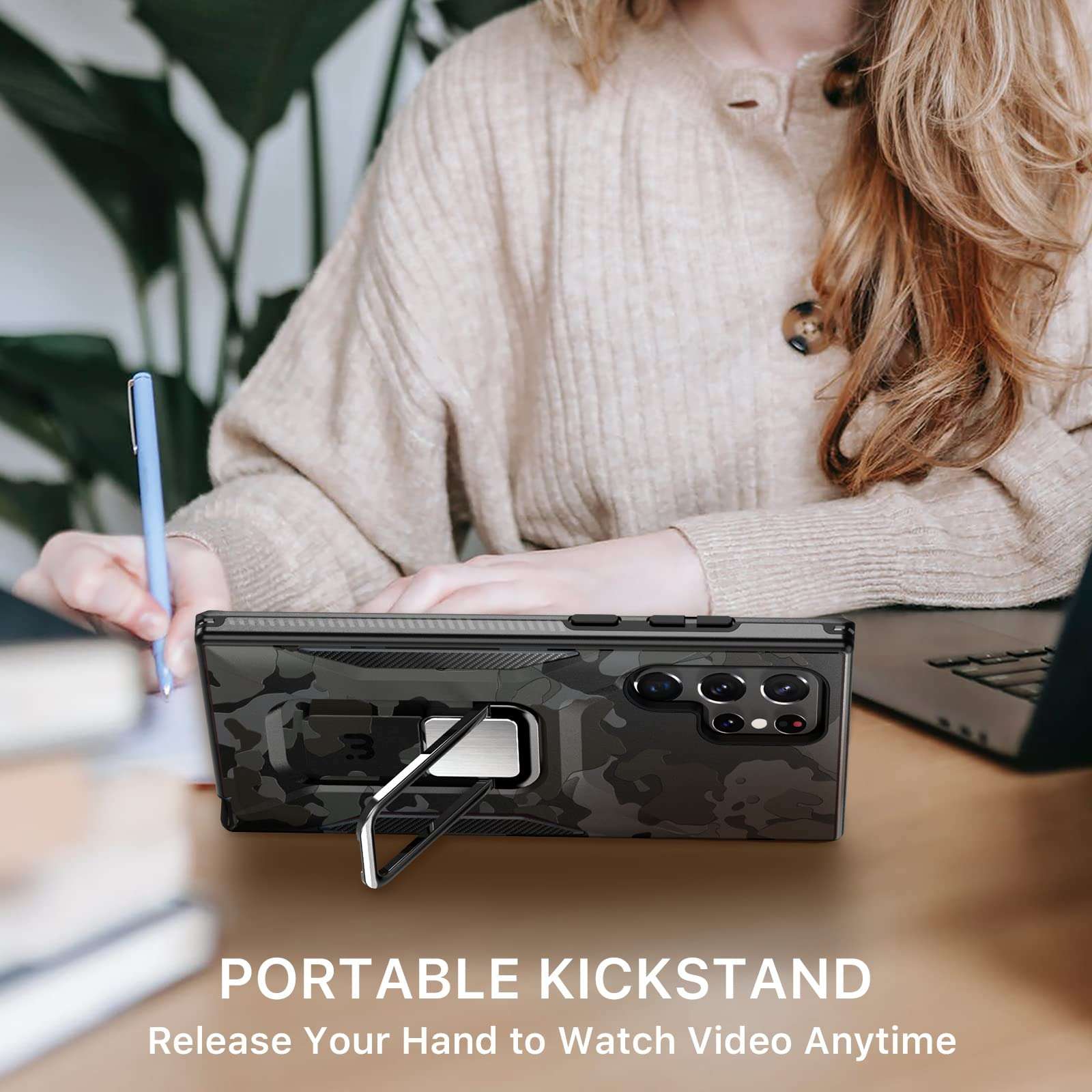 MYBAT Pro Shockproof Stealth Series with Stand Phone Case for Samsung Galaxy S22 Ultra 6.8 inch, Support Magnetic Car Mount, Heavy Duty Military Grade Drop Protective Case with Kickstand - Black Camo 2