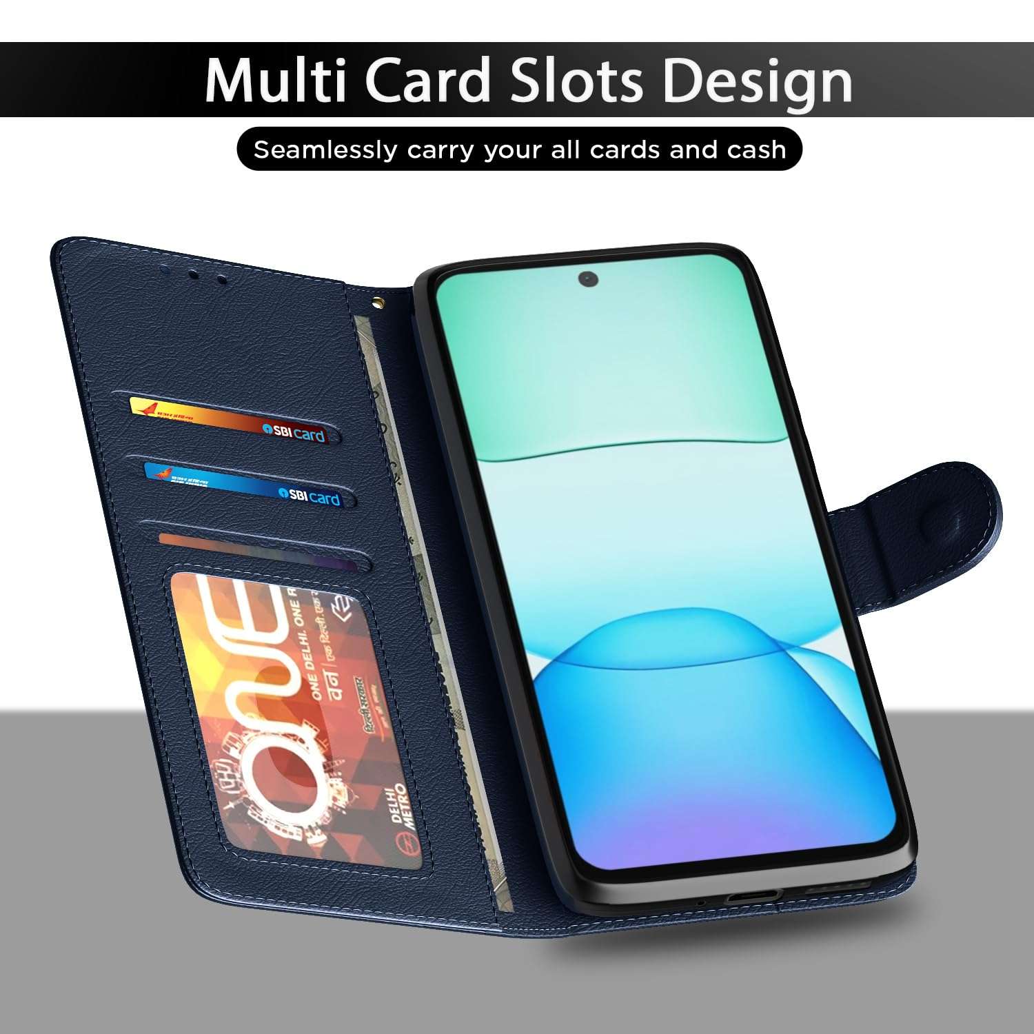 Pikkme Flip Cover Leather Finish | Inside TPU with Card Pockets | Wallet Stand and Shock Proof | Complete Protection Flip Case for Redmi 13 5G / Poco M6 Plus 5G (Blue) 6