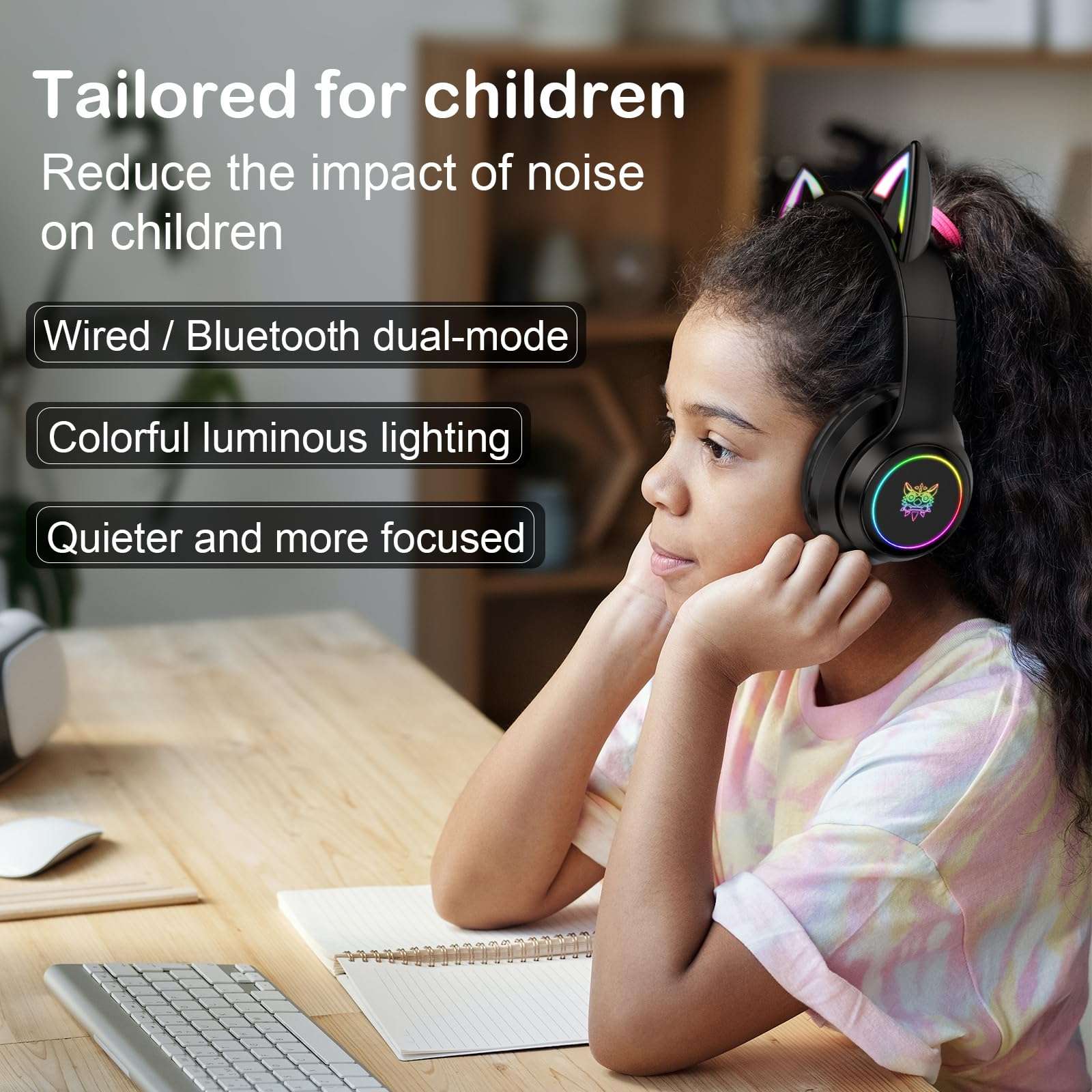 TaChaLa Black Girls Light Up Cat Bluetooth Headphones for Kids Little Girl Kid Kitty Headphones for Girls Toddler Headphone Cat Ears Kids Earphones Wireless for Tablet Toddlers 2