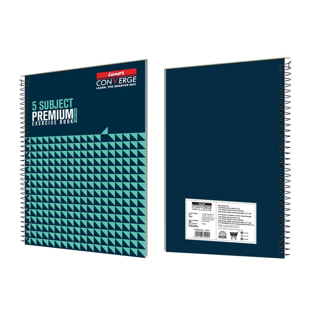 Luxor 5 Subject Spiral Premium Exercise Notebook, Single Ruled - (18cm X 24cm), 250 Pages, Pack of 3 4