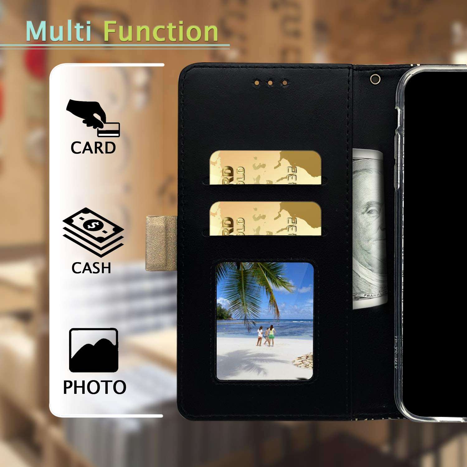 Luxury Flip Wallet Case for Samsung Galaxy A51 Printed Lace Folio Wristlet Lanyard Card Slot Kickstand Feature with Girl Women Cover for SamsungA51 (Galaxy A51 4G, Black) 3