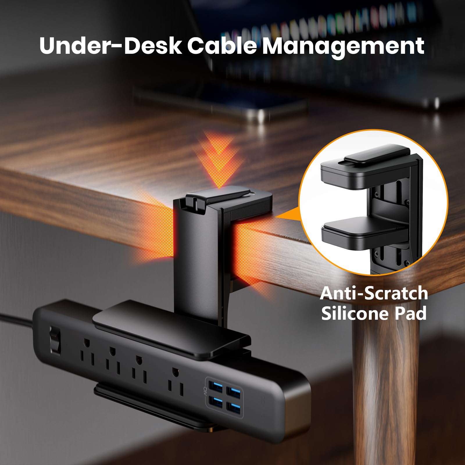 Power Strip Desk Clamp Holder 360° Adjustable Clamp for Under-Desk Cable Management Anti-Scratch Desk Mount Fits Power Strips Desk Edge No-Drill Clamp for Office, Home (Power Strip Not Included) 4