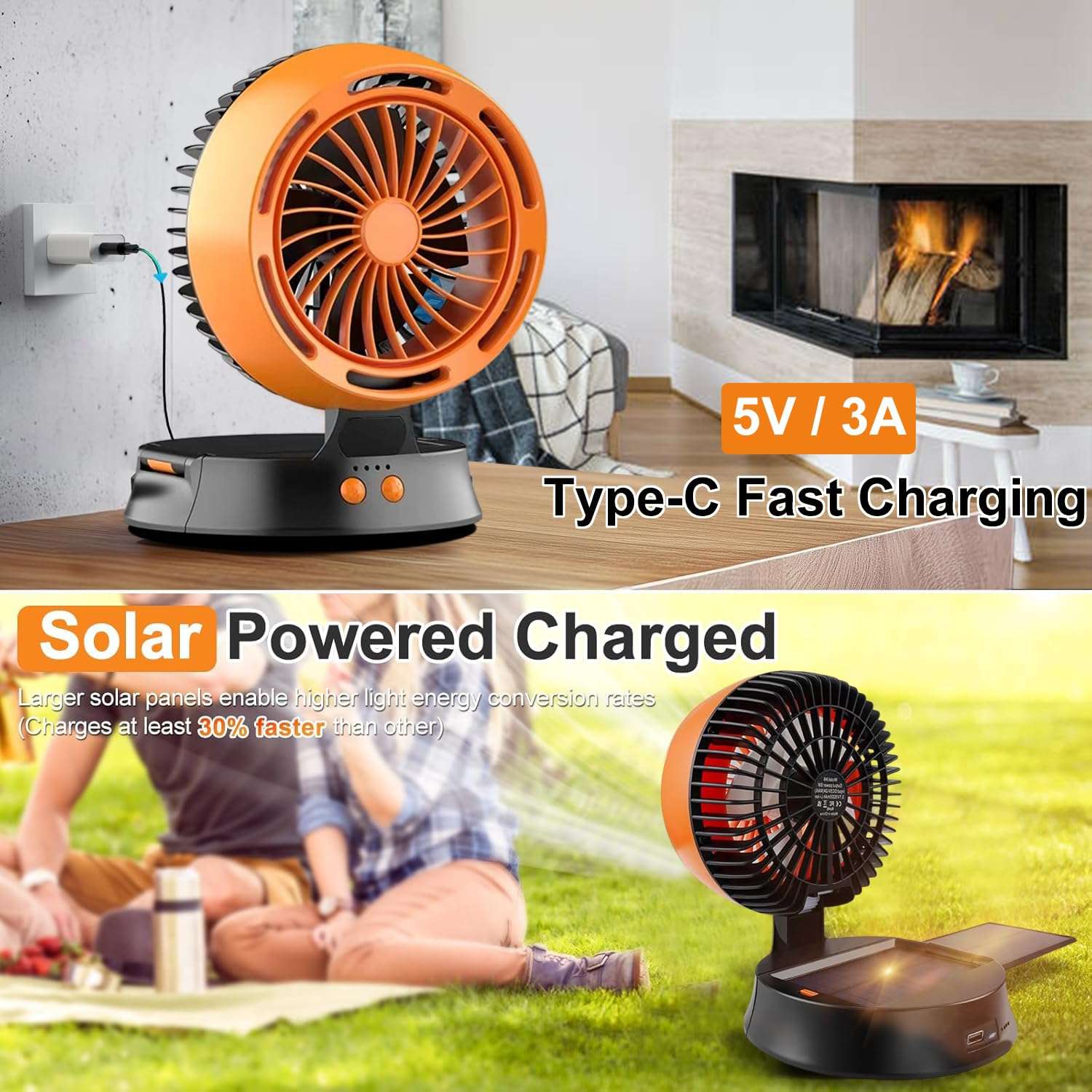Solar Powered Fan with Lights, Portable Solar Camping Fan Rechargeable Battery Powered, 4 Speeds Quiet Detachable Panel Camping Essentials for Office Outside Tent Travel BBQ Fishing Hurricane Outages 4
