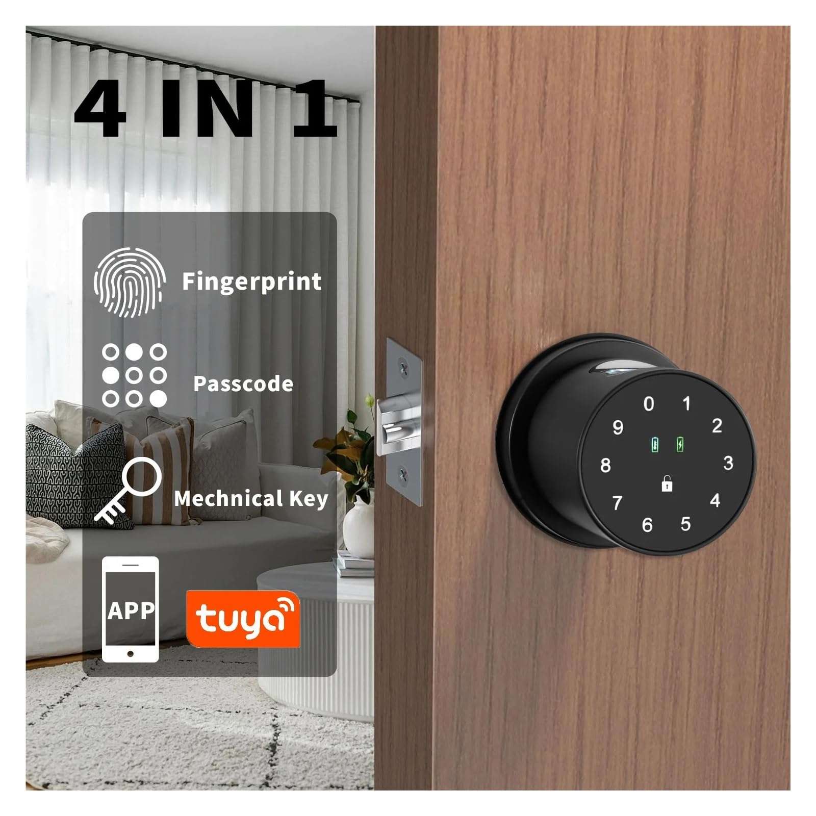 KIEEQGAK Smart Knob Fingerprint Door Lock，4 in 1 Keyless Entry Door Knob Lock，with Handle APP/100 Fingerprints/IC Cards/Passcode 3