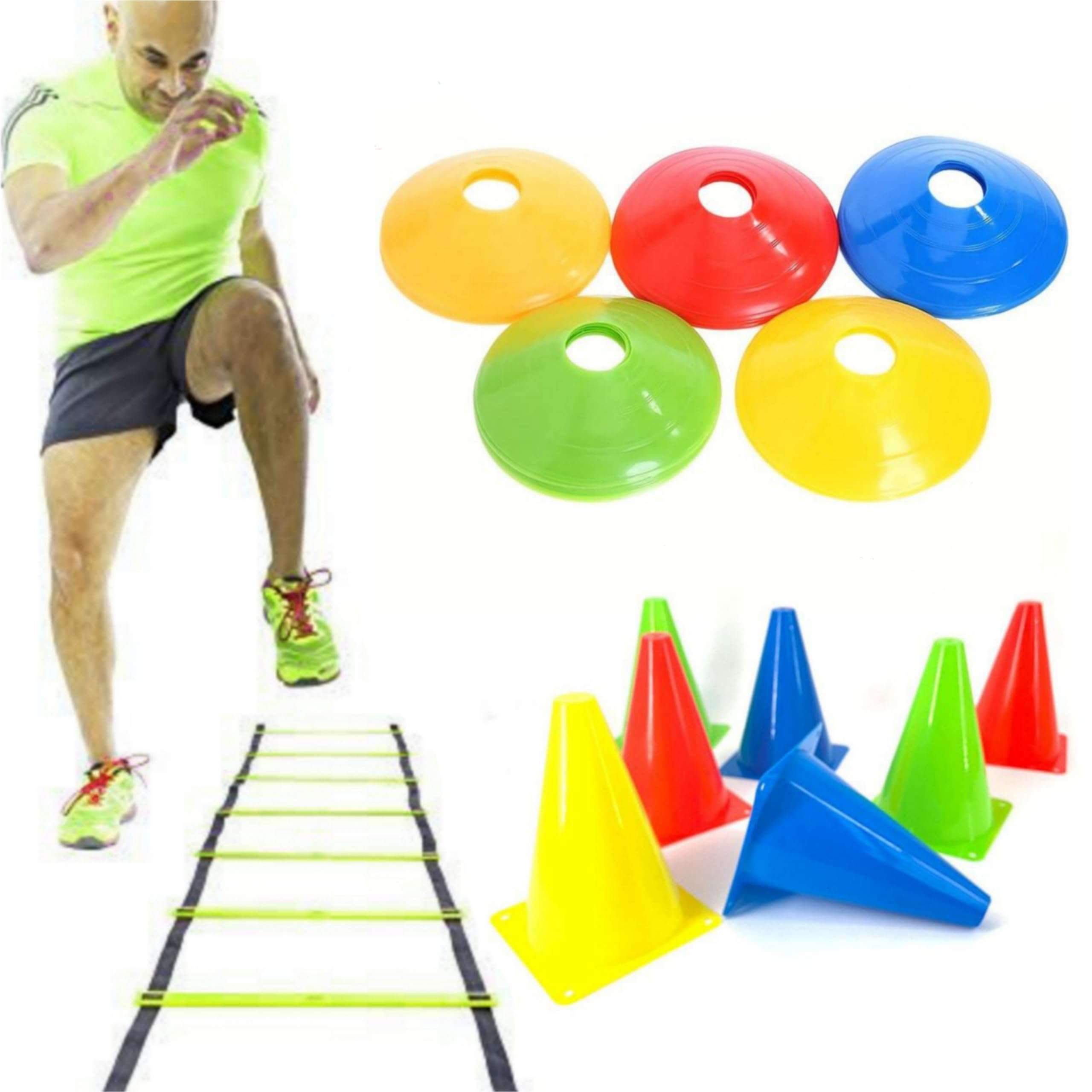 CHS Adjustable Speed Agility 2Meter Ladder with (5 Runge) 6-Pieces 6-inch Marker Cone and 6 Saucer Cones Training/Fitness/Stamina Building Kit