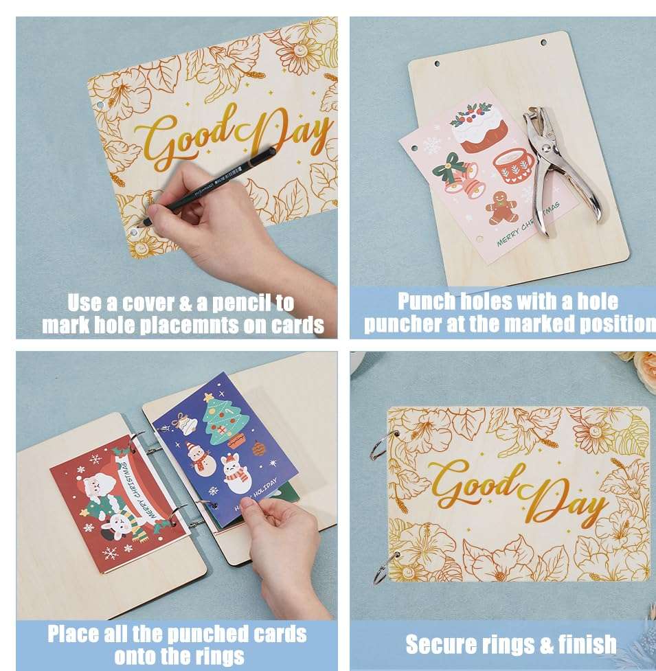 SUPERDANT Wooden Card Keeper Binder Good Day Greeting Card Organizer Flowers Postcard Photo Album Cover Hibiscus Flowers Birthday Cards Keeper Book Holder Organizer Wedding Holiday Keepsake Gifts 5