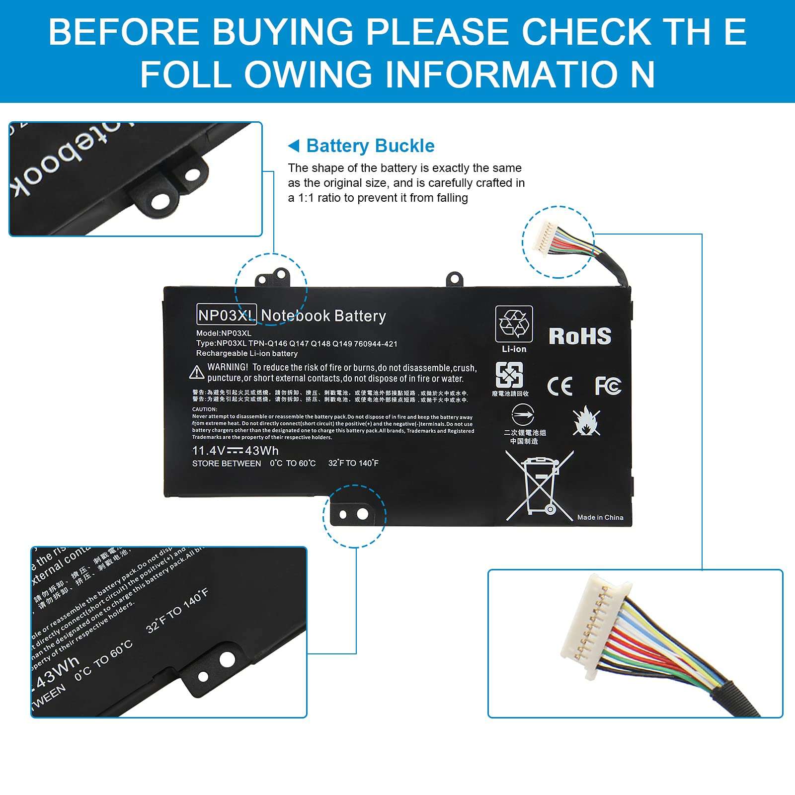 ARyee 43Wh 11.4V NP03XL Battery Laptop Battery Replacement for HP Pavilion X360 13-A010DX 13-b116t HP Envy 15-U010DX 15-U337CL 15-U050CA; fit for 760944-421 761230-005 HSTNN-LB6L TPN-Q146 TPN-Q147 TPN 5