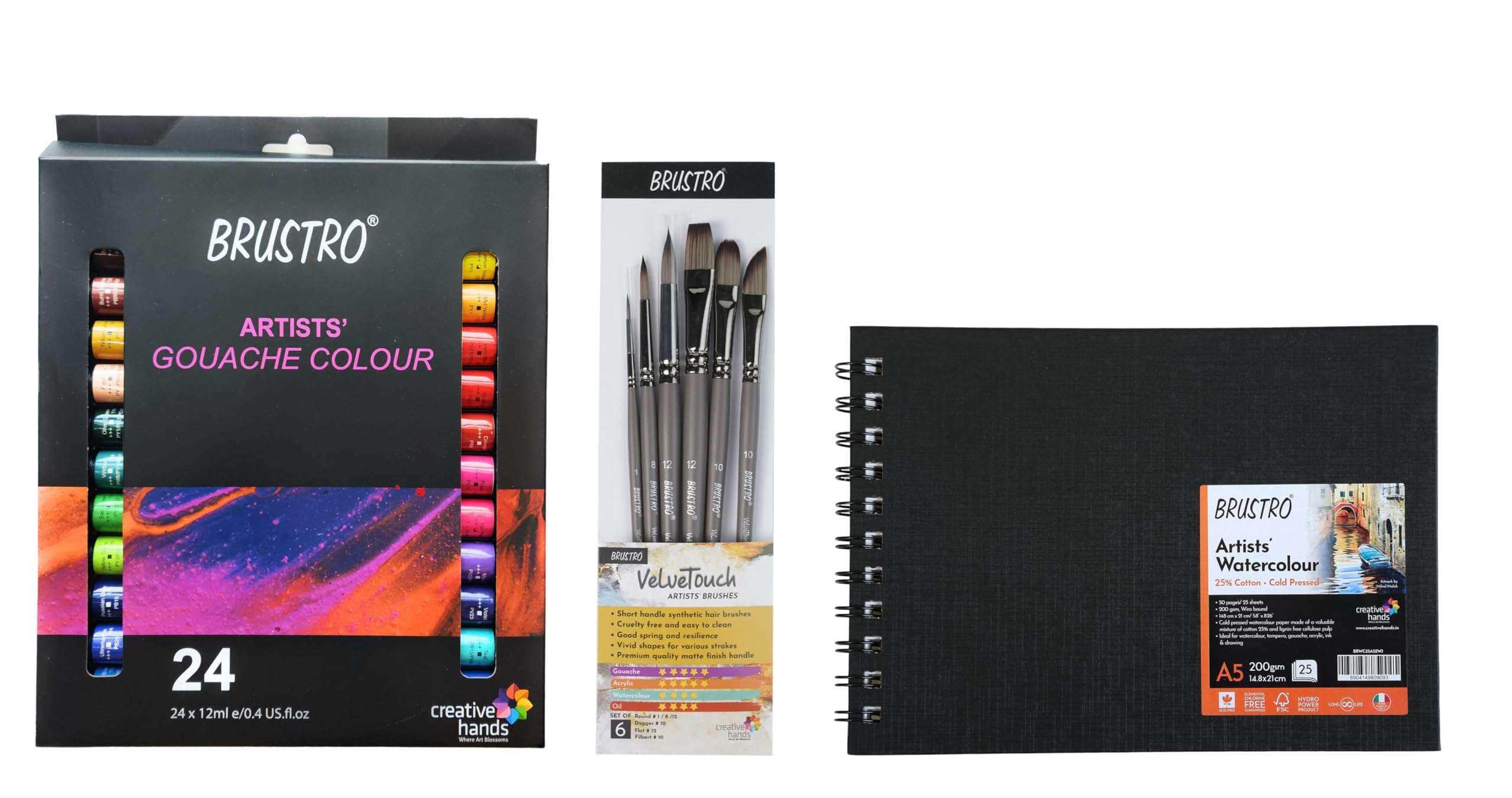 BRUSTRO Artists Gouache Colour Set of 24 Colours X 12ML Tubes with 25% Cotton Watercolour Wiro Journal Cold Pressed 200 GSM A5-25 Sheets and VelveTouch Artist Brushes set of 6 1