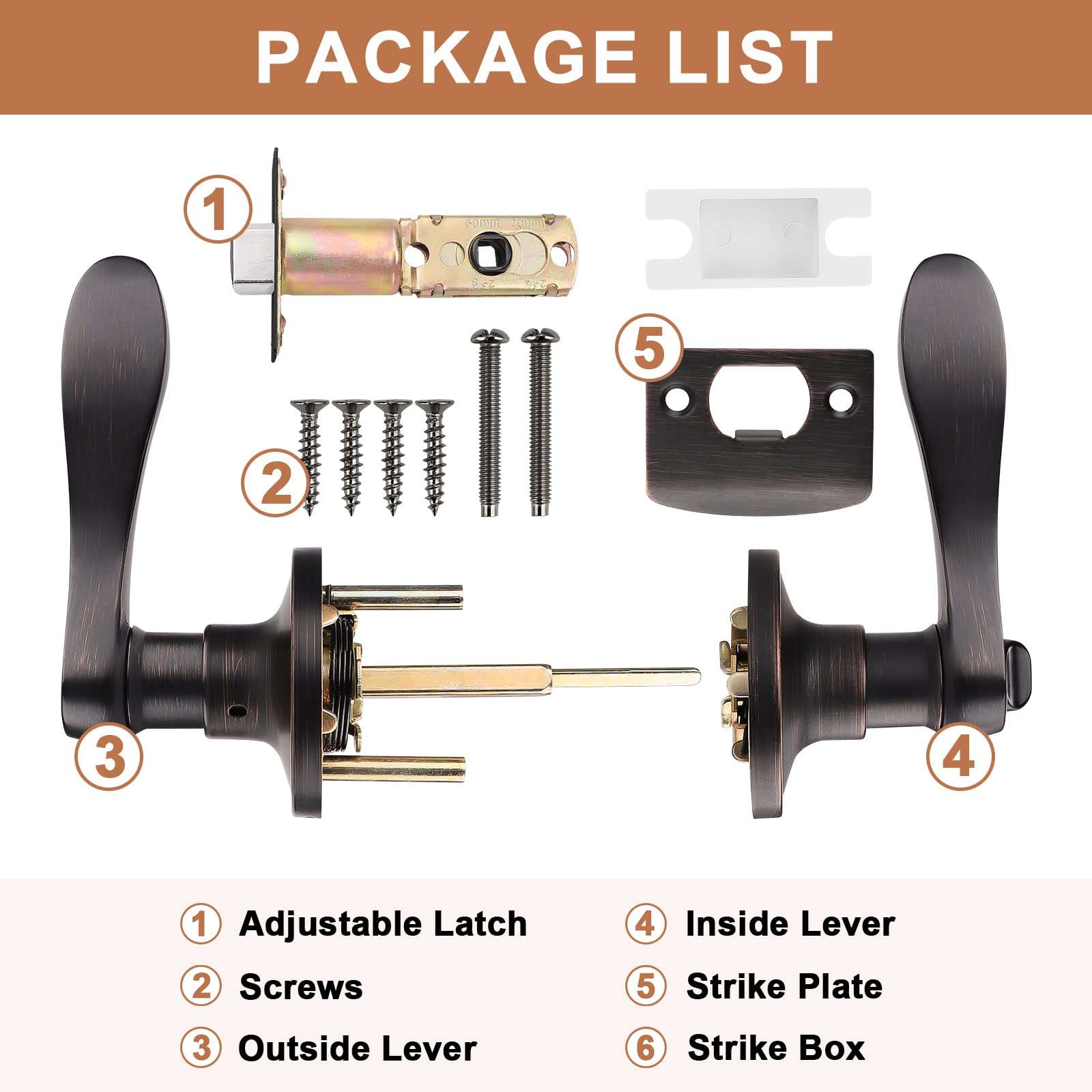 Probrico (5 Pack Privacy Door Lever[Thumb Turn Lock on The Inside],Locking Door Handle Set for Bedroom & Bathroom Doors,Keyless Oil Rubbed Bronze Wave Door Lock, Reversible Right & Left Side Handed 3