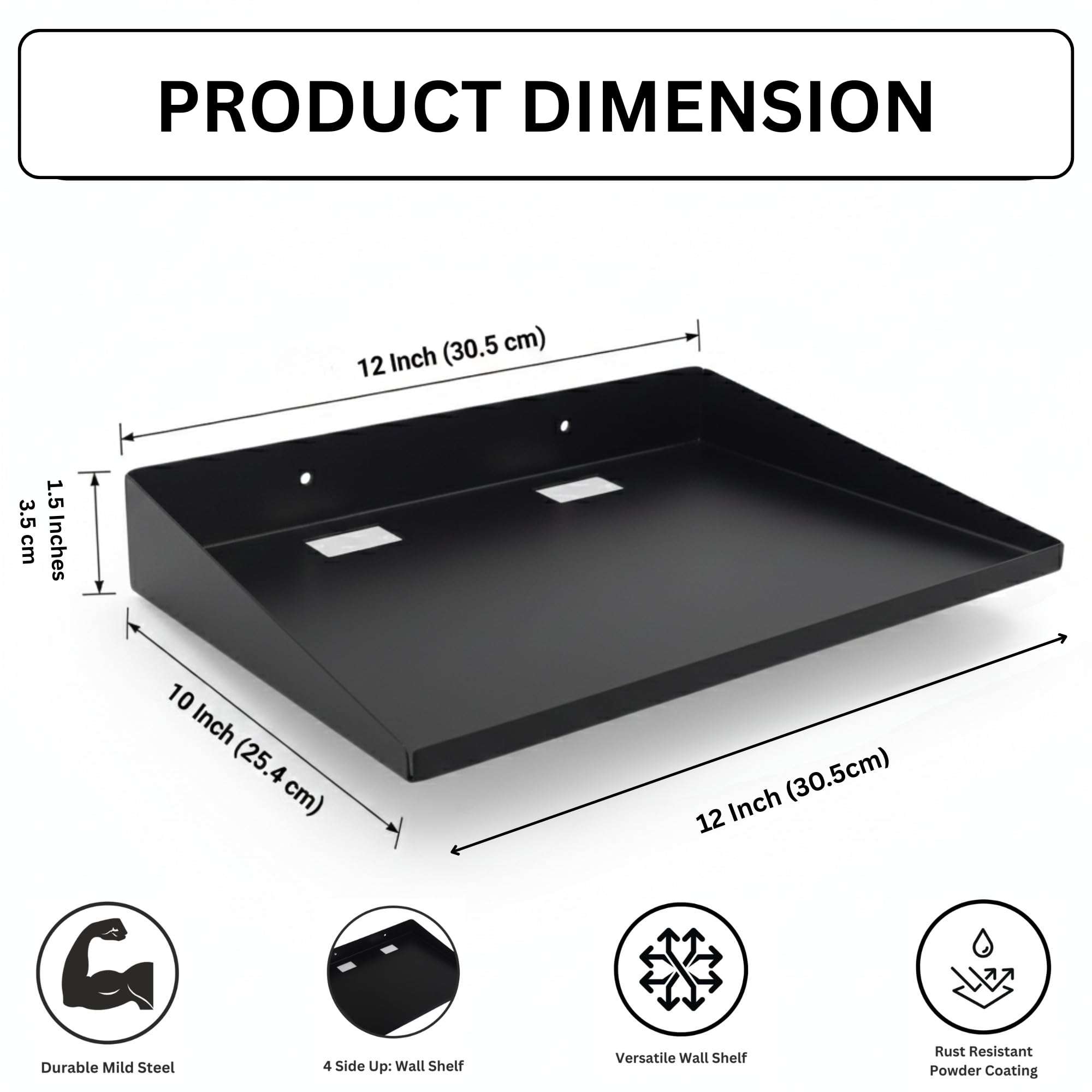 SHUCHI ESSENTIALS Heavy-Duty Wall-Mount Metal Shelf 12x10 – Floating Shelf for Projector, Router, TV Setup Box | Matte Black Organizer for Kitchen, Bathroom & Home Decor 4