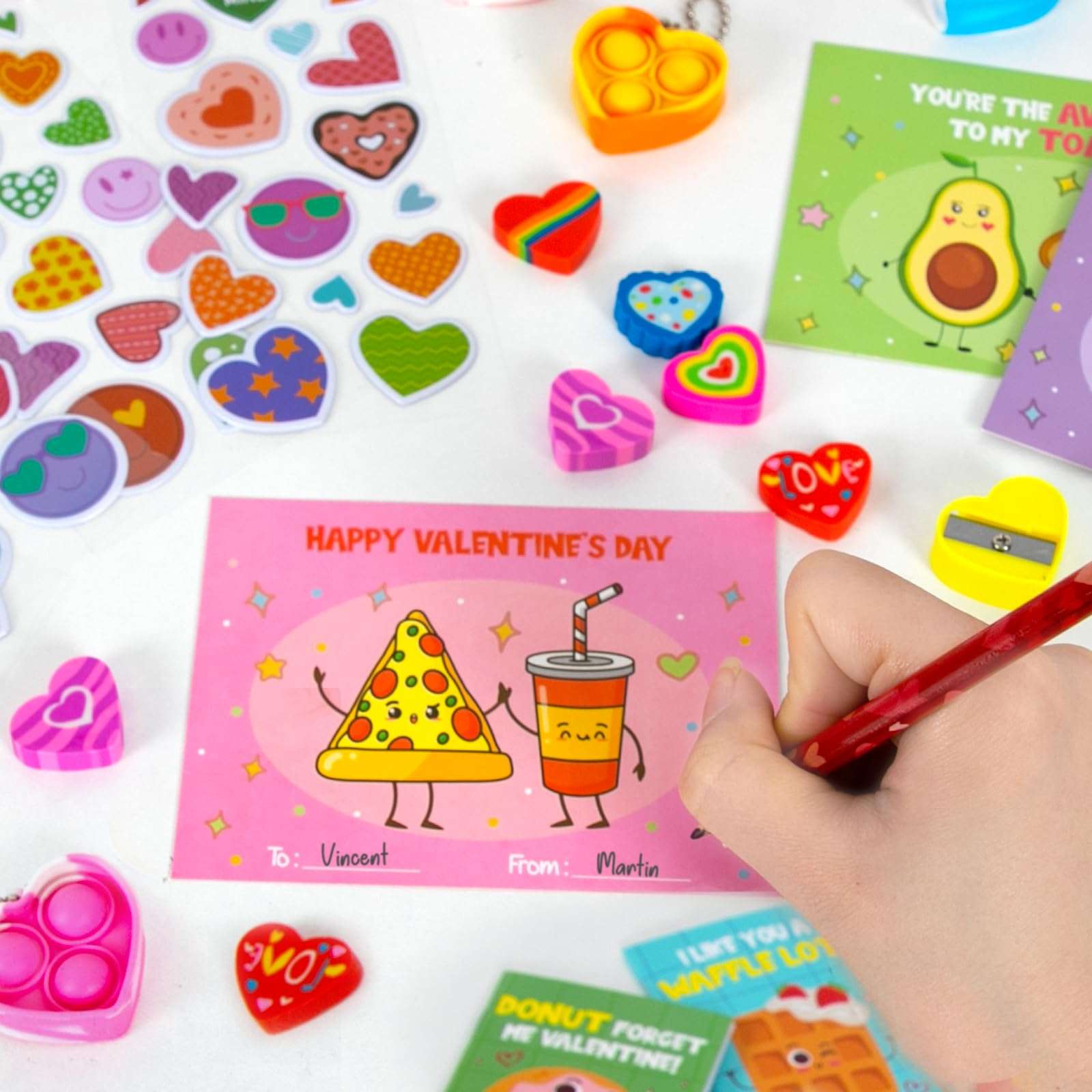 DAZONGE 24 Pack Valentines Day Gifts for Kids, Valentines Stationery Set with Pencil Notebook Pop Heart Keychain Sticker Eraser Sharpener, Valentines Day Cards for Kids Classroom Boys Girls 5