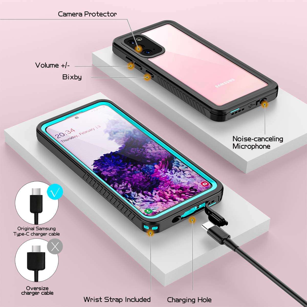 Singdo Waterproof Samsung Galaxy S20 Case,Clear Sound Quality Built in Screen Protector with Fingerprint ID Film Support Wireless Charger IP68 Waterproof Case for Samsung S20 6.2 inch-2020 (Teal) 4