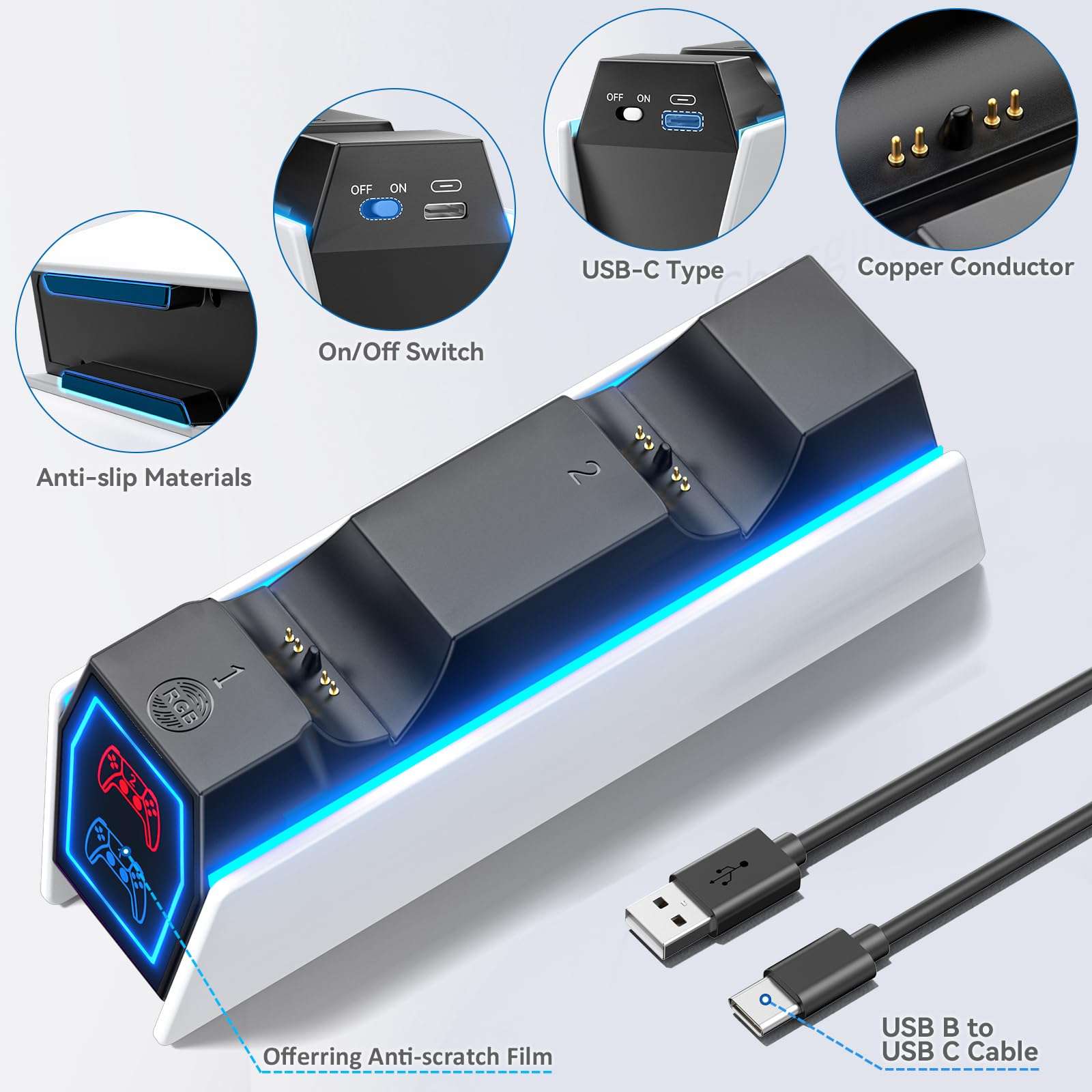 PS5 Controller Charging Station with 9 RGB LED Lights, PS5 Charger Station Compatible with PlayStation Console Skin Original & Edge Controller, PS5 Controller Accessories Charging Dock Stand 6