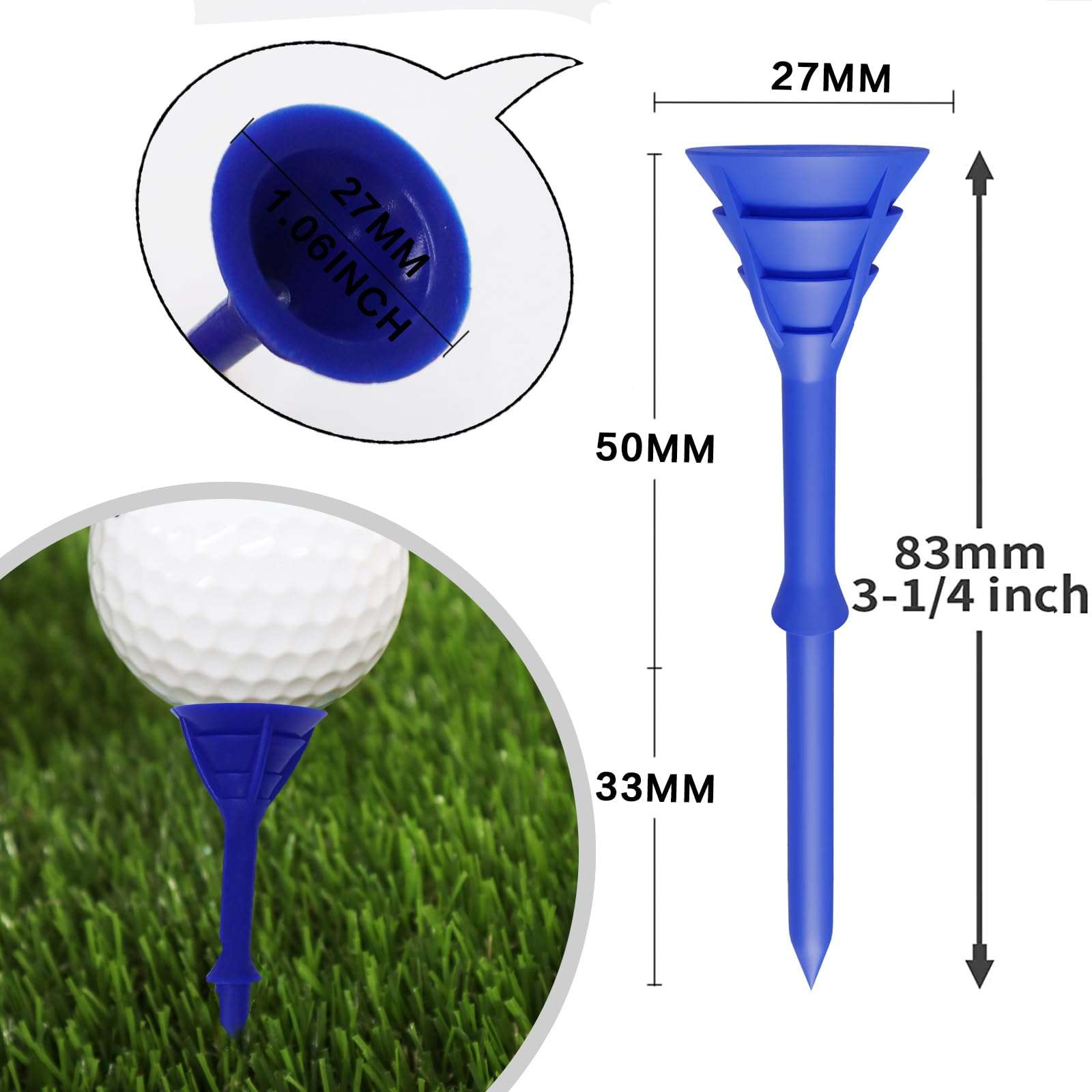 GKandi Golf Tees Plastic Unbreakable 100 Pack Bulk 3 1/4 Long 1 1/2 Short Tees Set,Durable Stable Low Resistance Reduce Friction Side Spin for Golfer 6